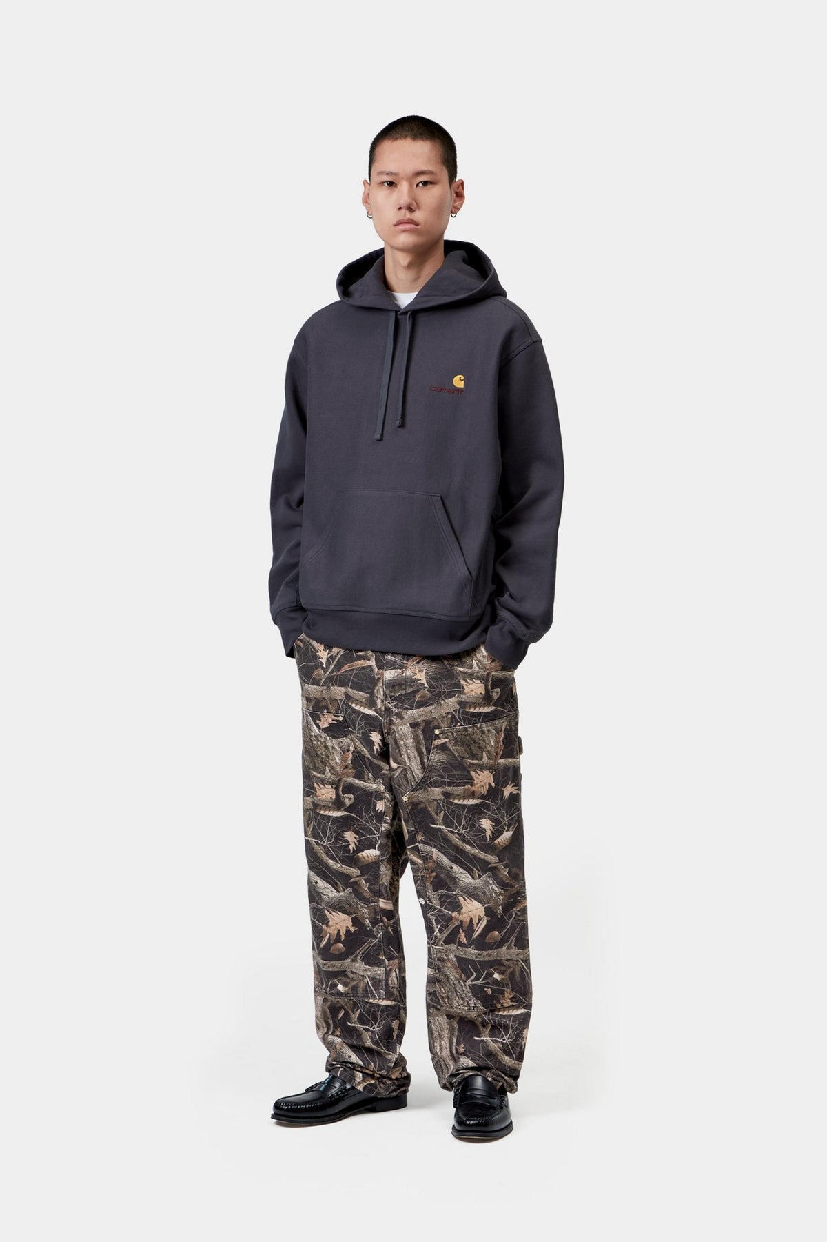 Double Knee Pant - Camo Feather Tree, Black heavy stone wash