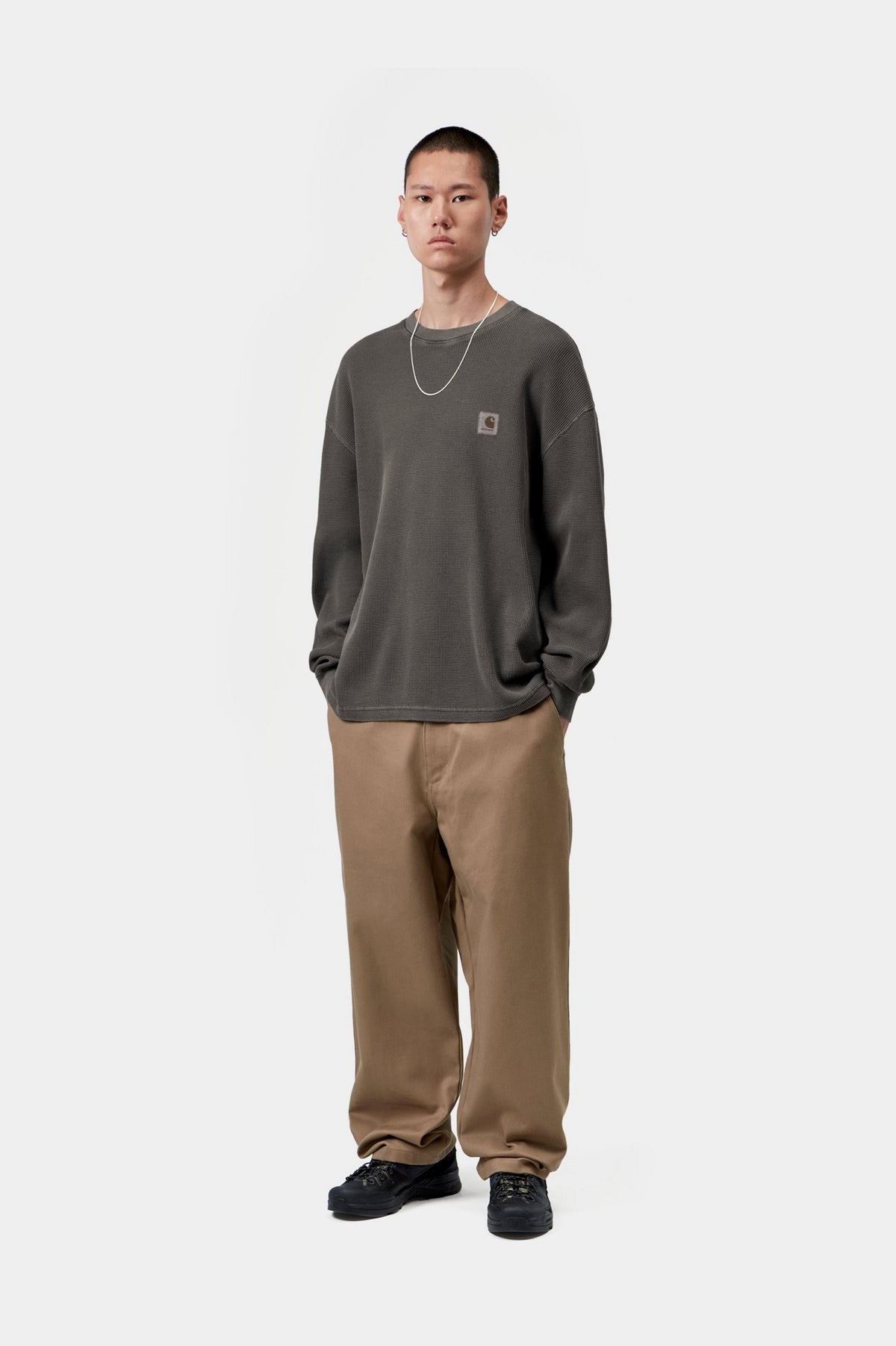L/S Vista Waffle T-Shirt - Black, Garment dyed