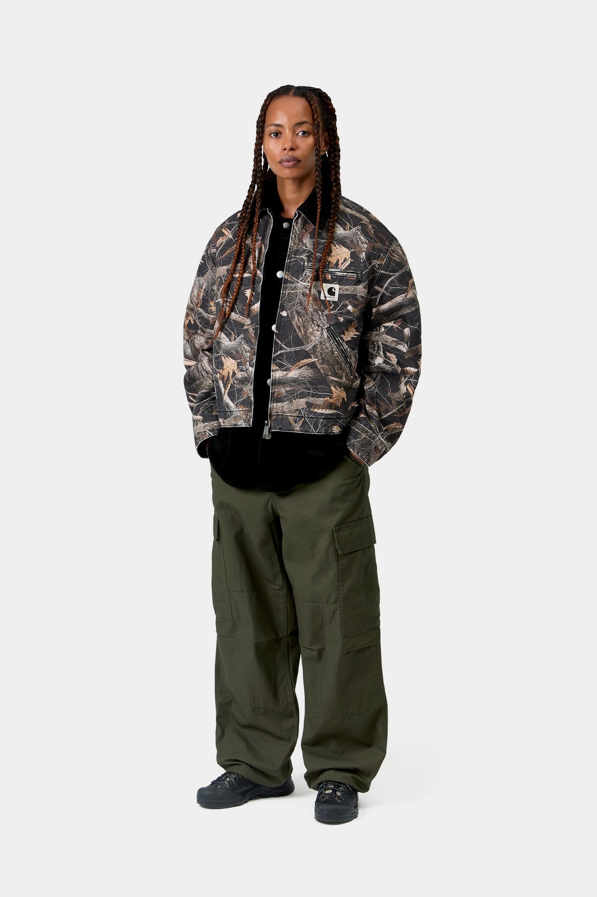 W' OG Detroit Jacket - Camo Feather Tree, Black / Black heavy stone wash