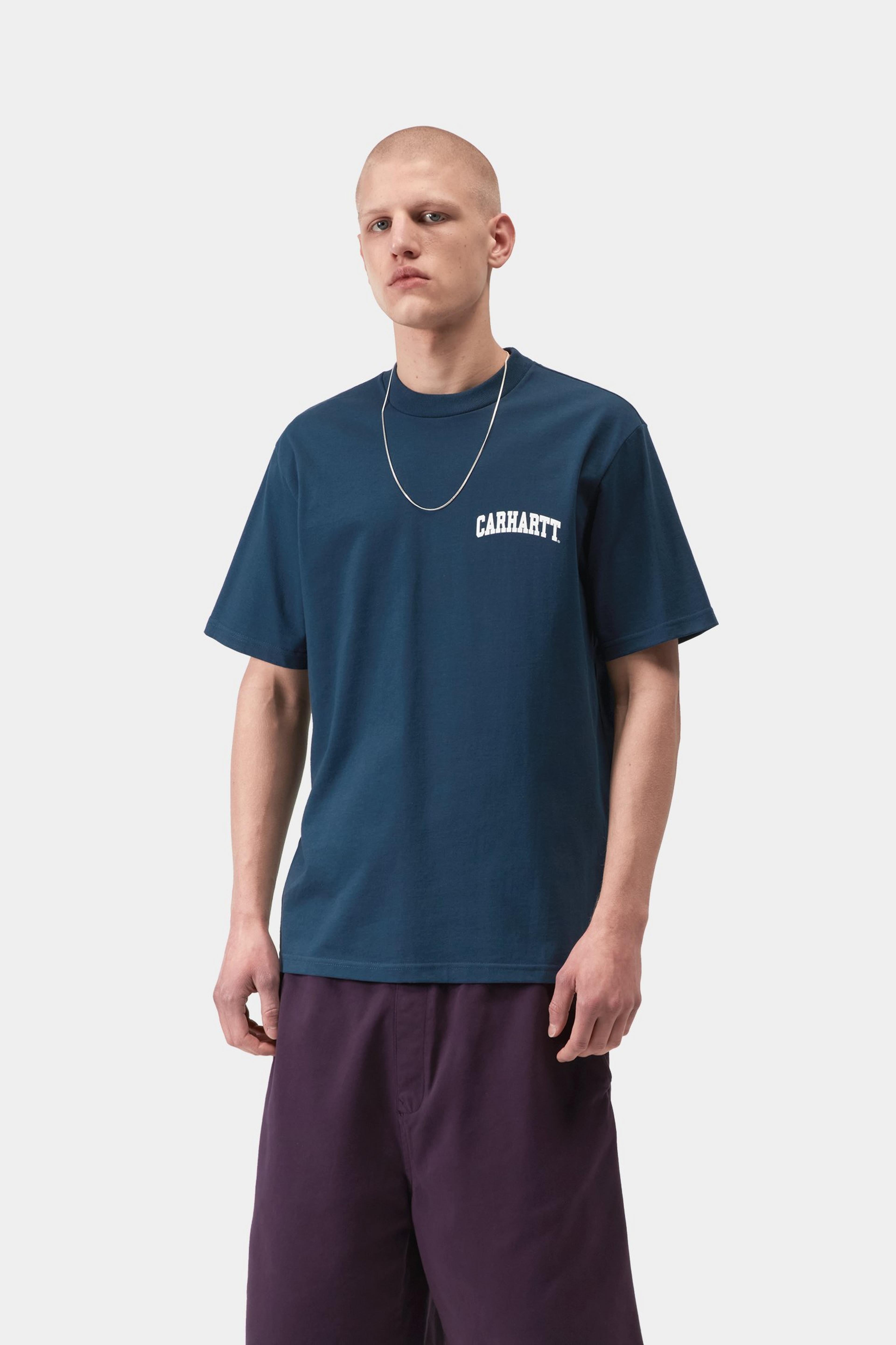 S/S University Script T-Shirt - Blue River / White