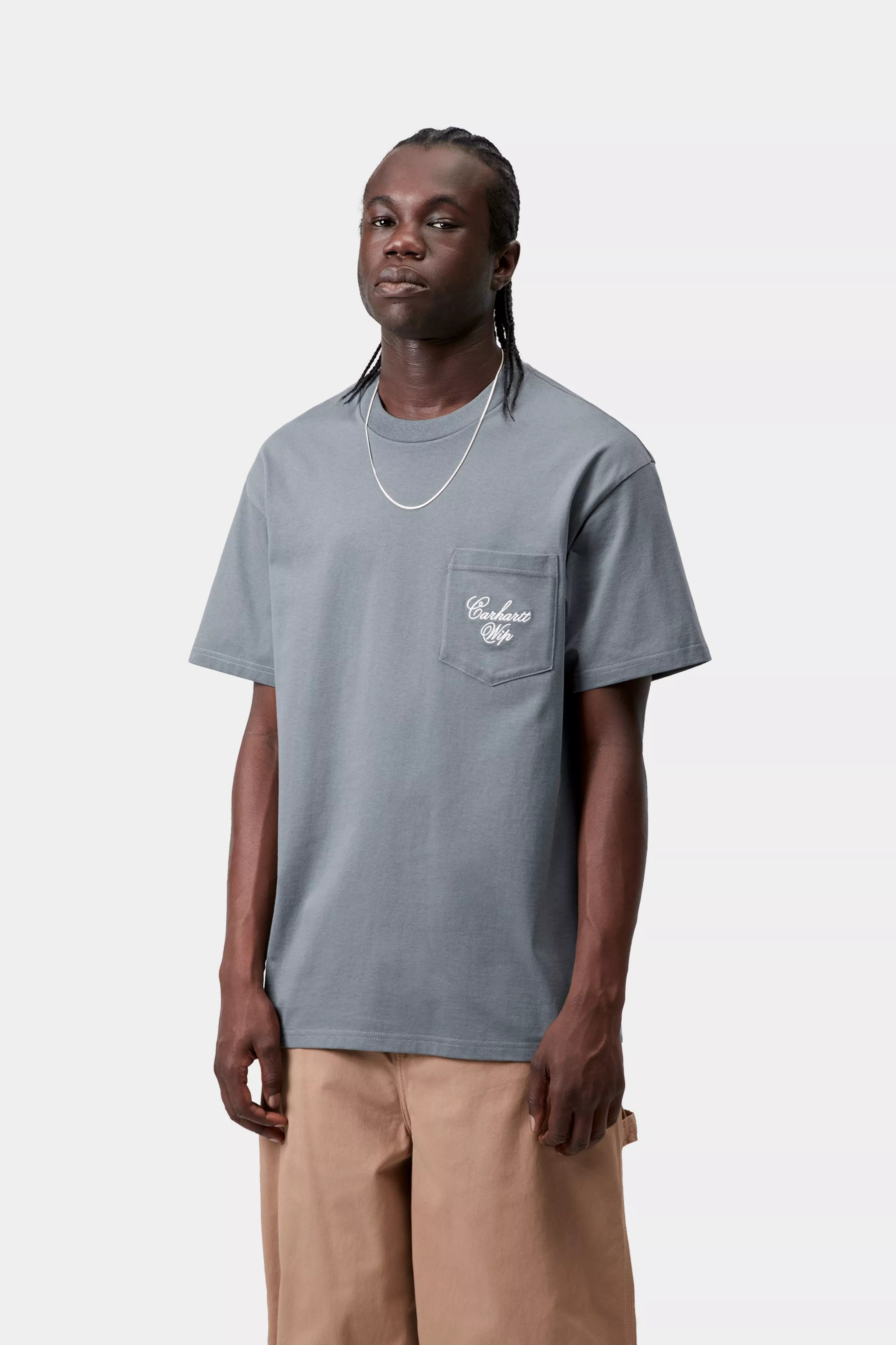 S/S Longhand Pocket T-Shirt - Cozy Blue / White