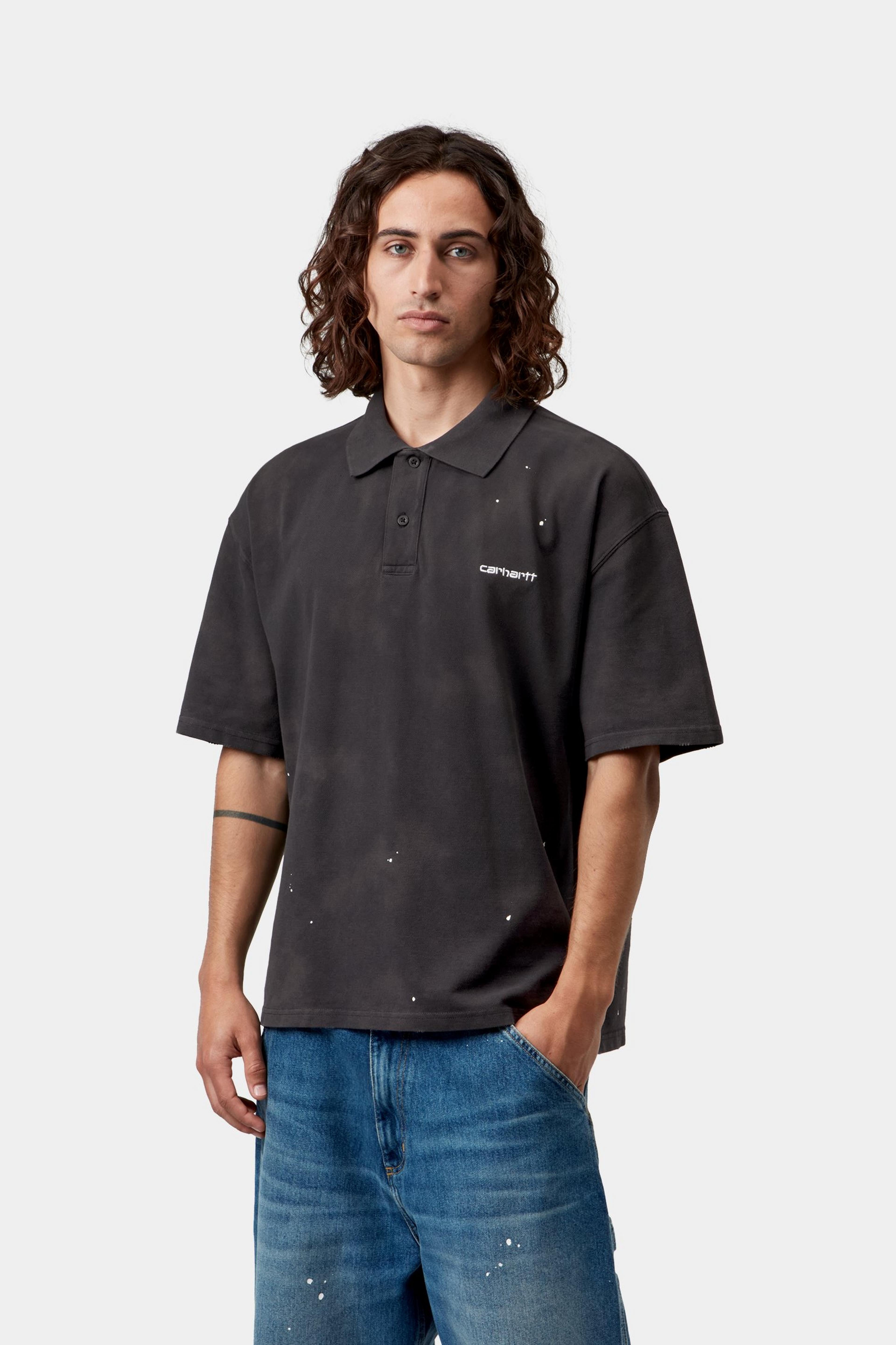 S/S Painter Polo - Black, Destroy wash, splatter
