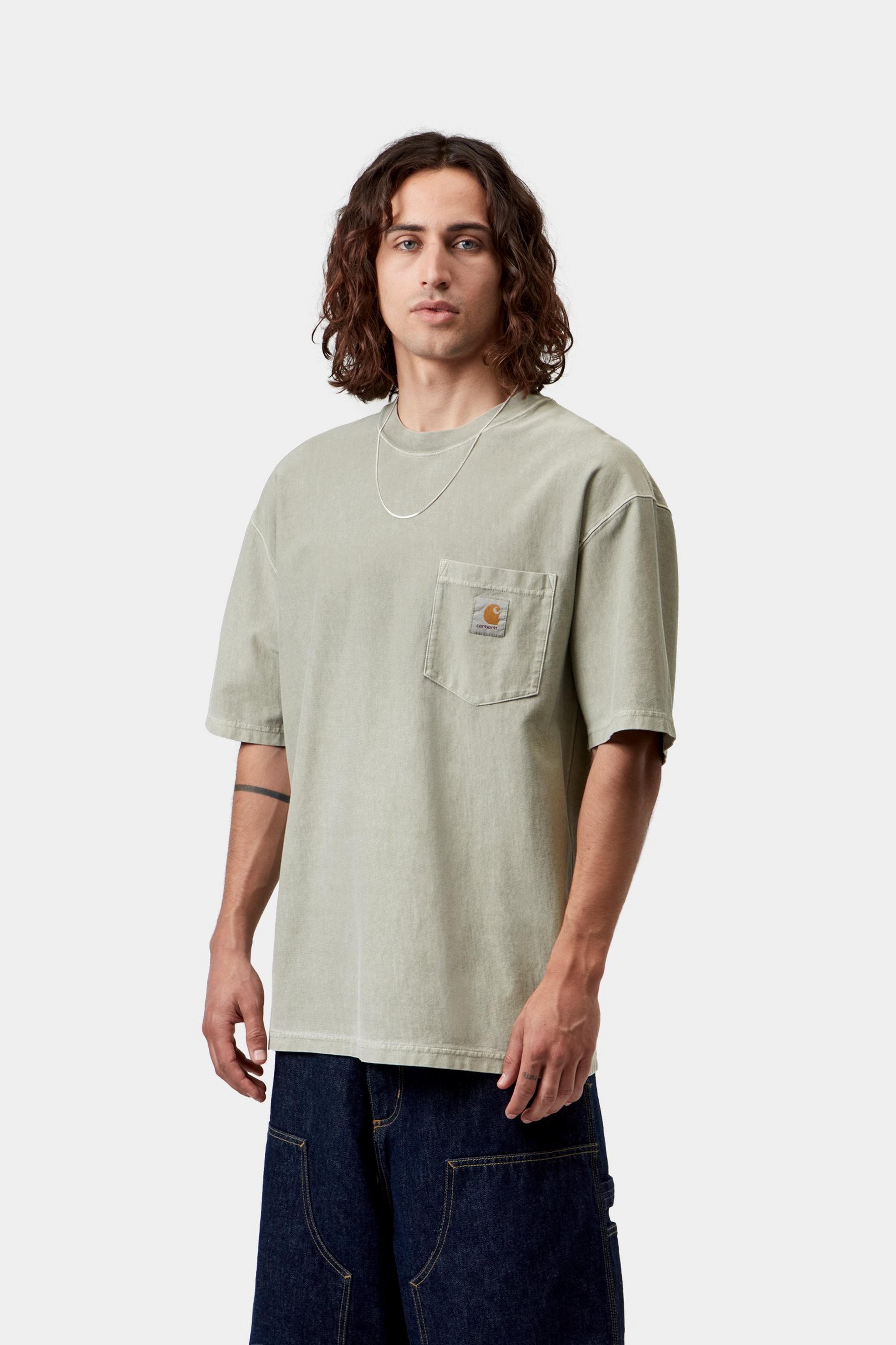 S/S Loose Pocket T-Shirt - Shady Green, Garment dyed