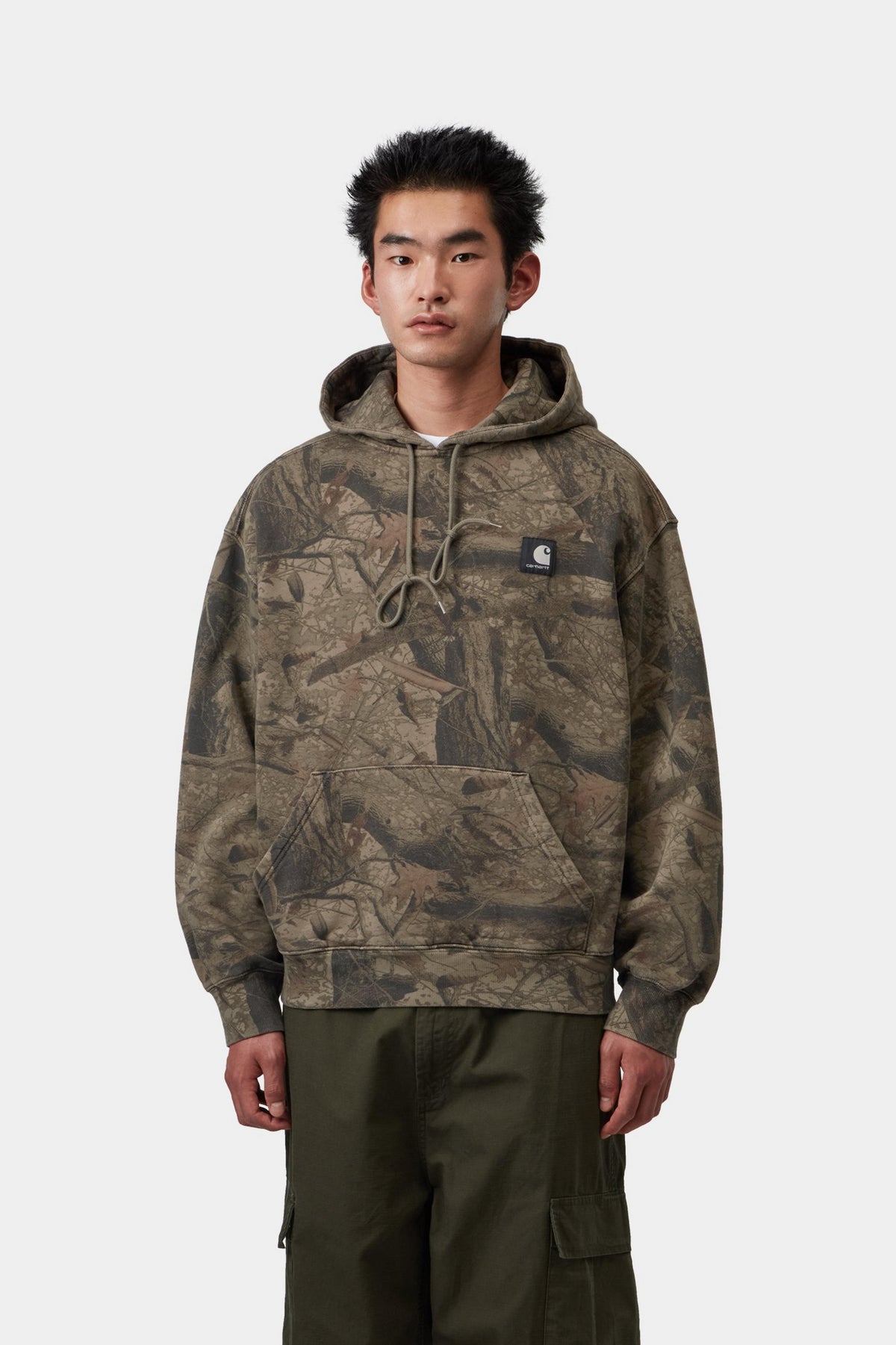 Hooded Feather Tree Sweat - Camo Feather Tree, Khaki / Shungite, Garment dyed