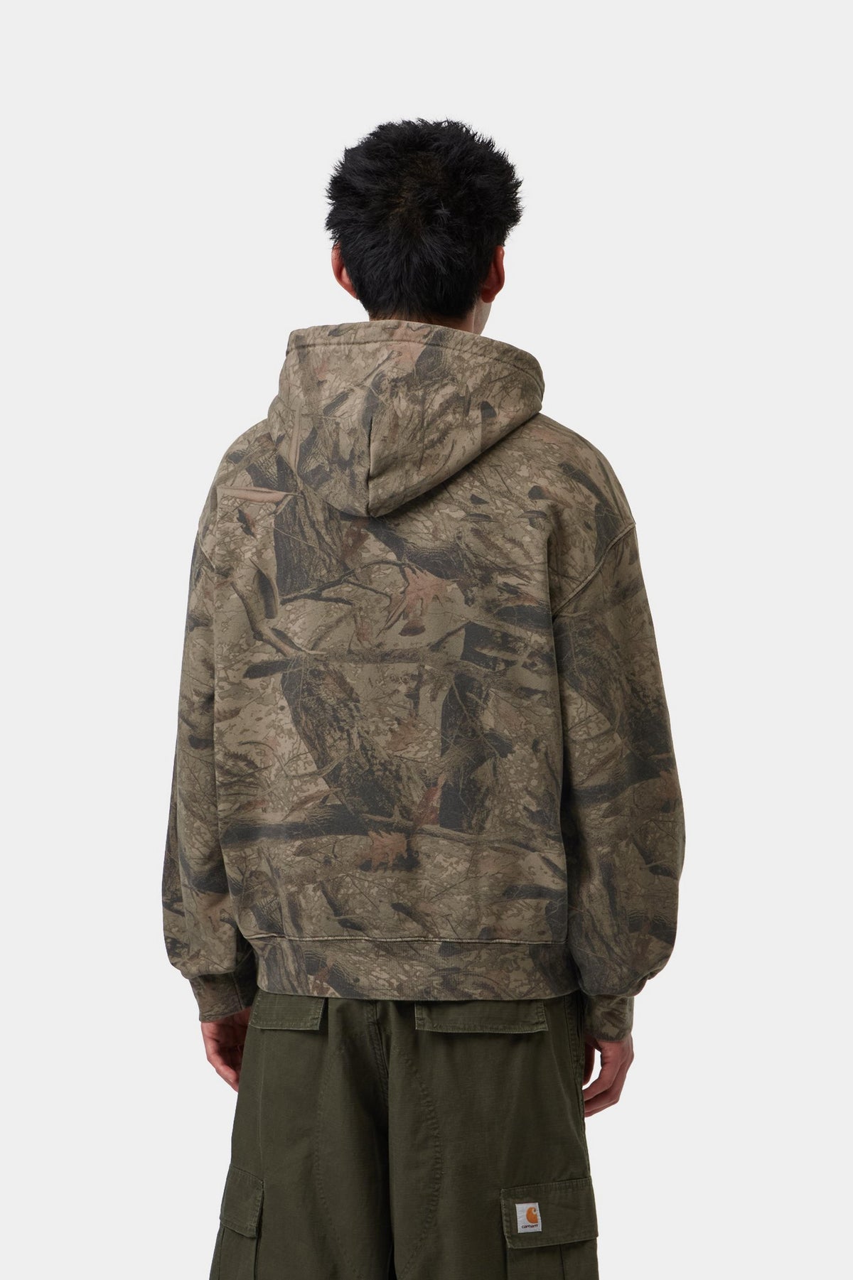 Hooded Feather Tree Sweat - Camo Feather Tree, Khaki / Shungite, Garment dyed