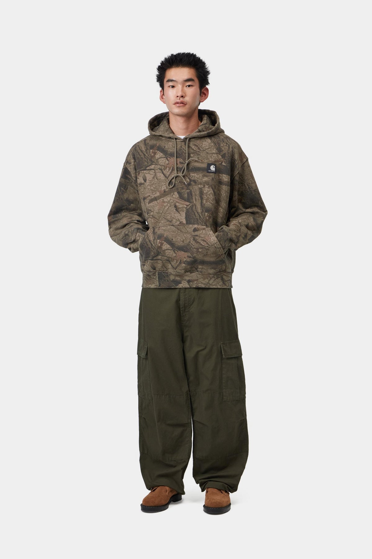Hooded Feather Tree Sweat - Camo Feather Tree, Khaki / Shungite, Garment dyed