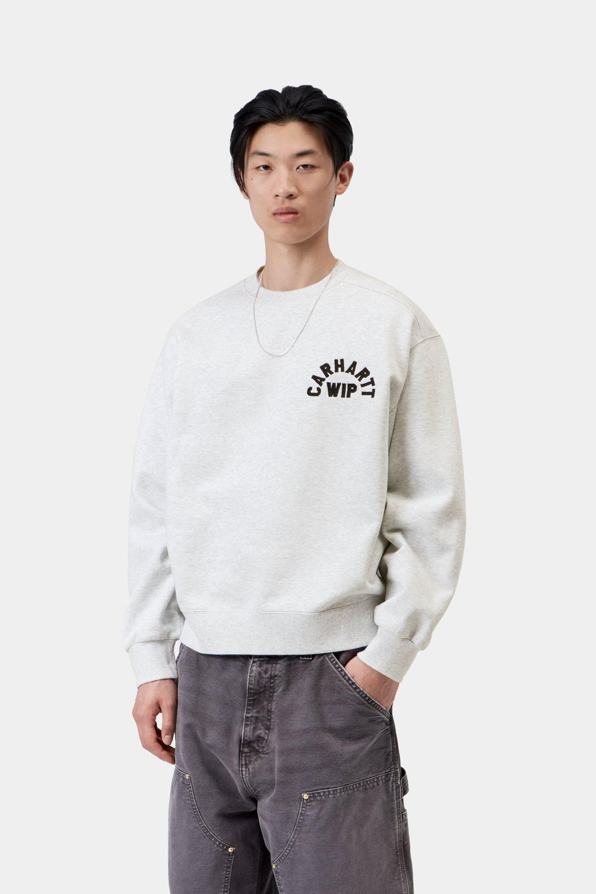 Arch Script Sweatshirt - Ash Heather / Dark Navy stone washed