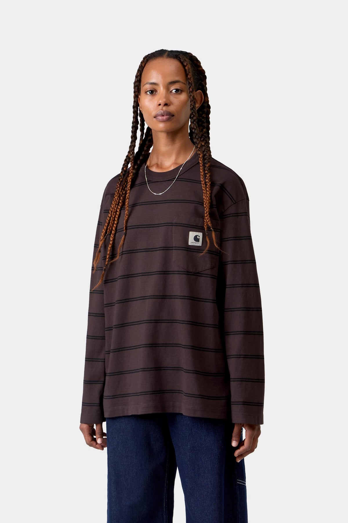 W’ L/S Cardona Pocket T-Shirt - Cardona Stripe, Natural / Palisander, Garment dyed