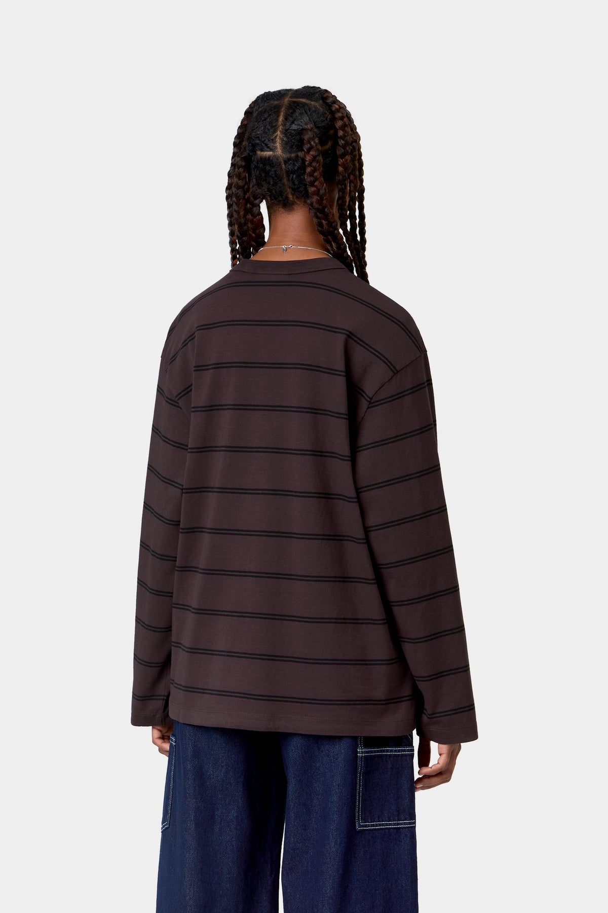 W’ L/S Cardona Pocket T-Shirt - Cardona Stripe, Natural / Palisander, Garment dyed