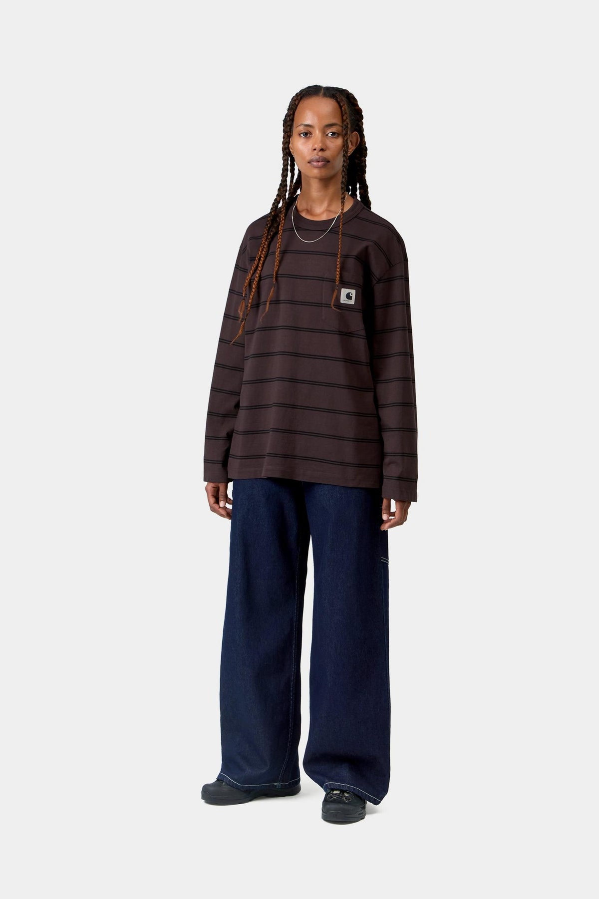 W’ L/S Cardona Pocket T-Shirt - Cardona Stripe, Natural / Palisander, Garment dyed