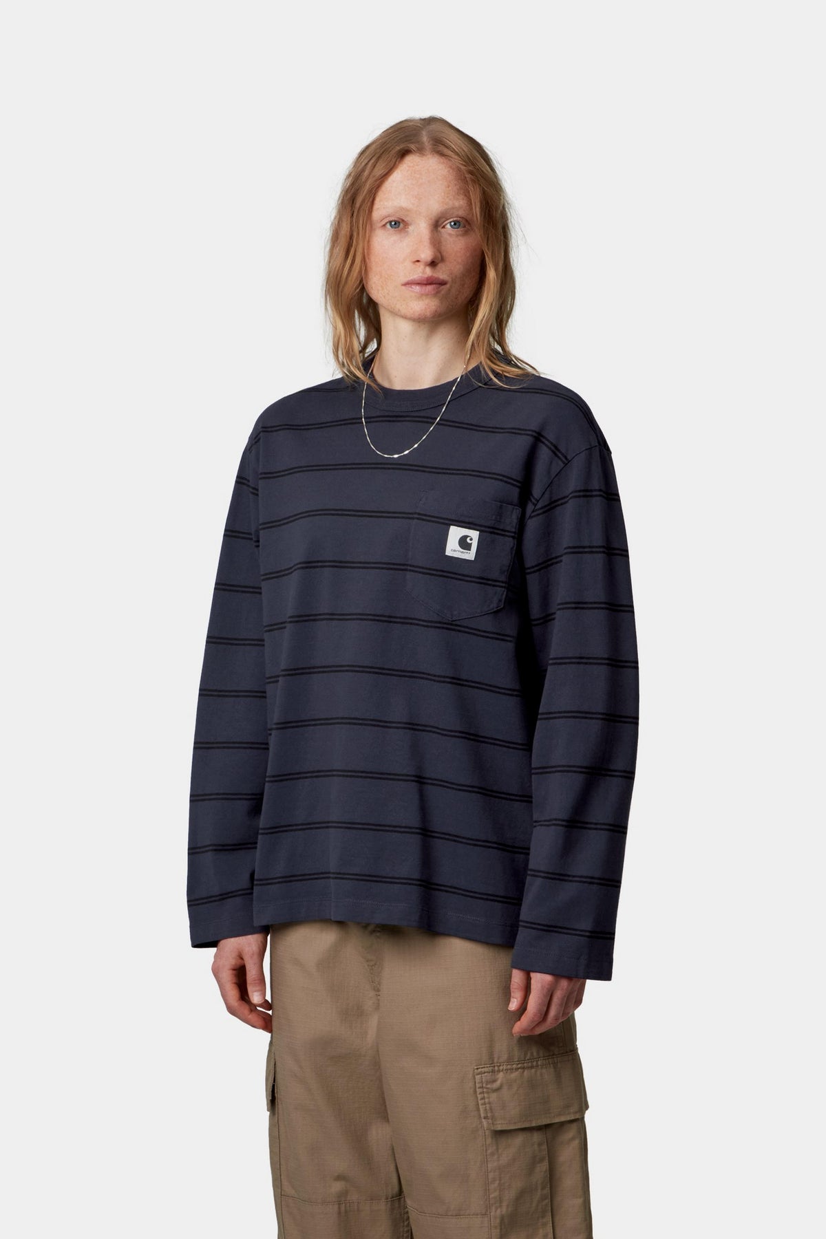 W’ L/S Cardona Pocket T-Shirt - Cardona Stripe, Natural / Dark Navy, Garment dyed
