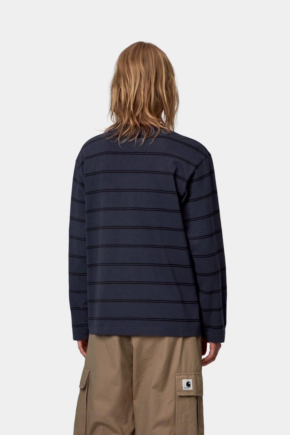 W’ L/S Cardona Pocket T-Shirt - Cardona Stripe, Natural / Dark Navy, Garment dyed