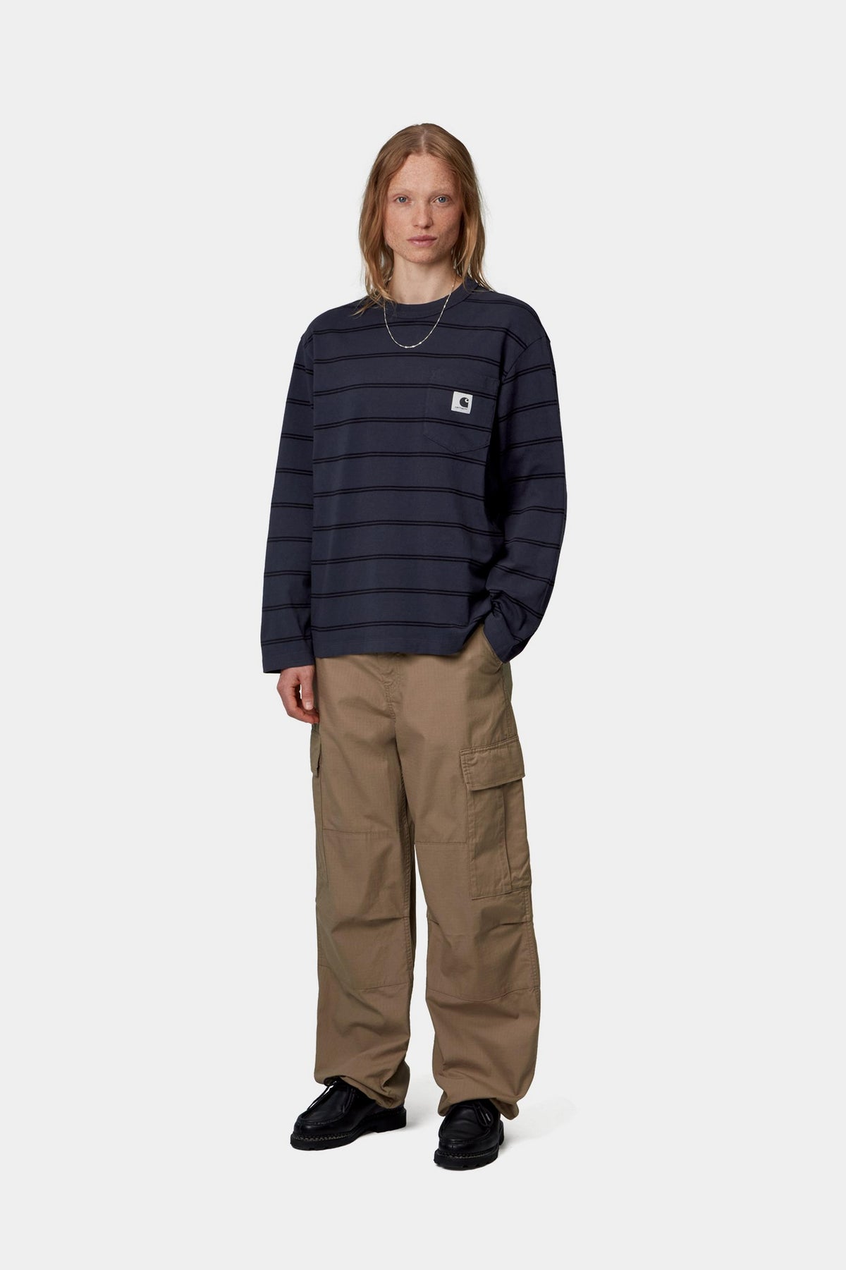 W’ L/S Cardona Pocket T-Shirt - Cardona Stripe, Natural / Dark Navy, Garment dyed