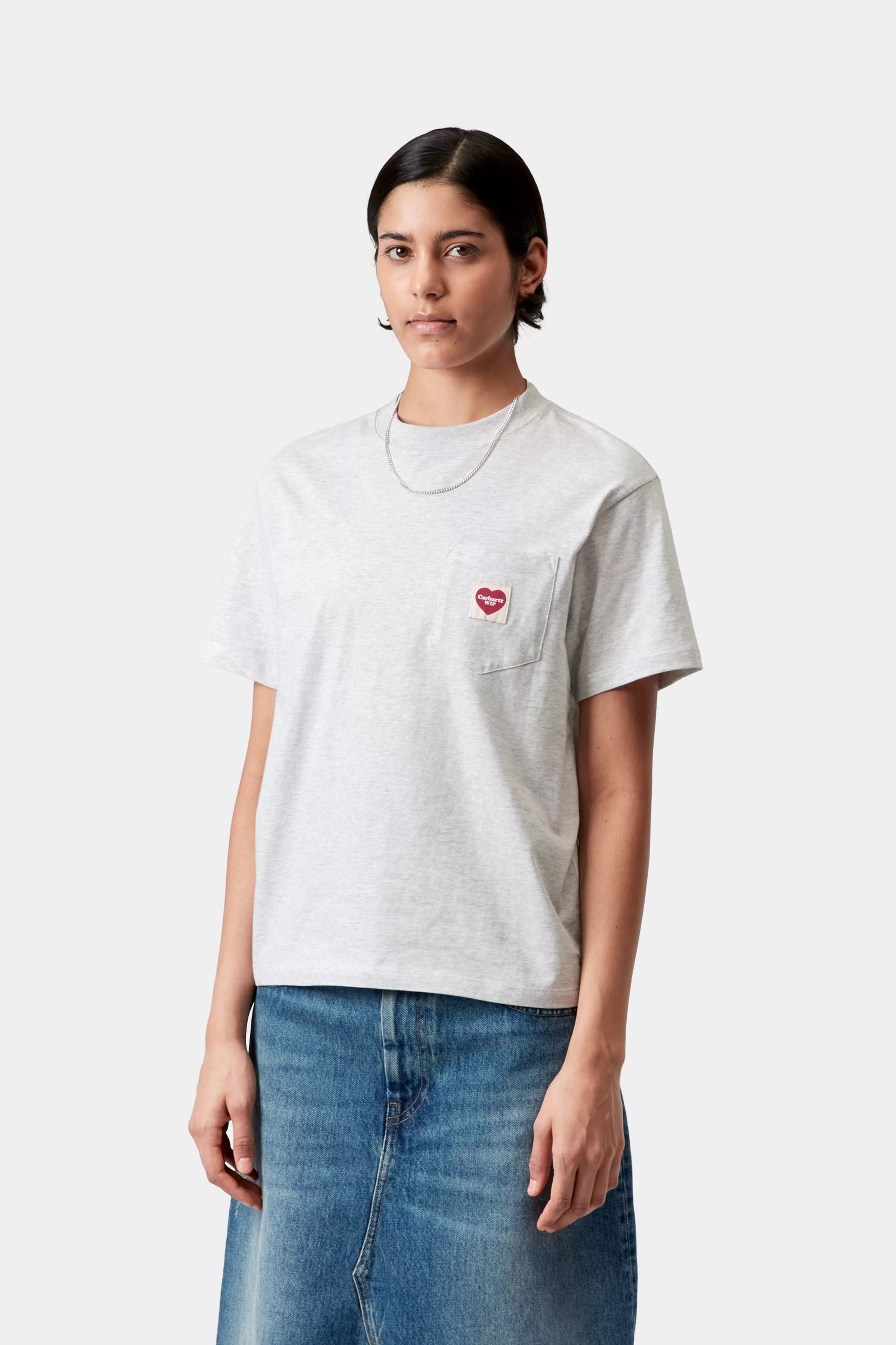 W' S/S Pocket Heart T-Shirt - Ash Heather / Red 2