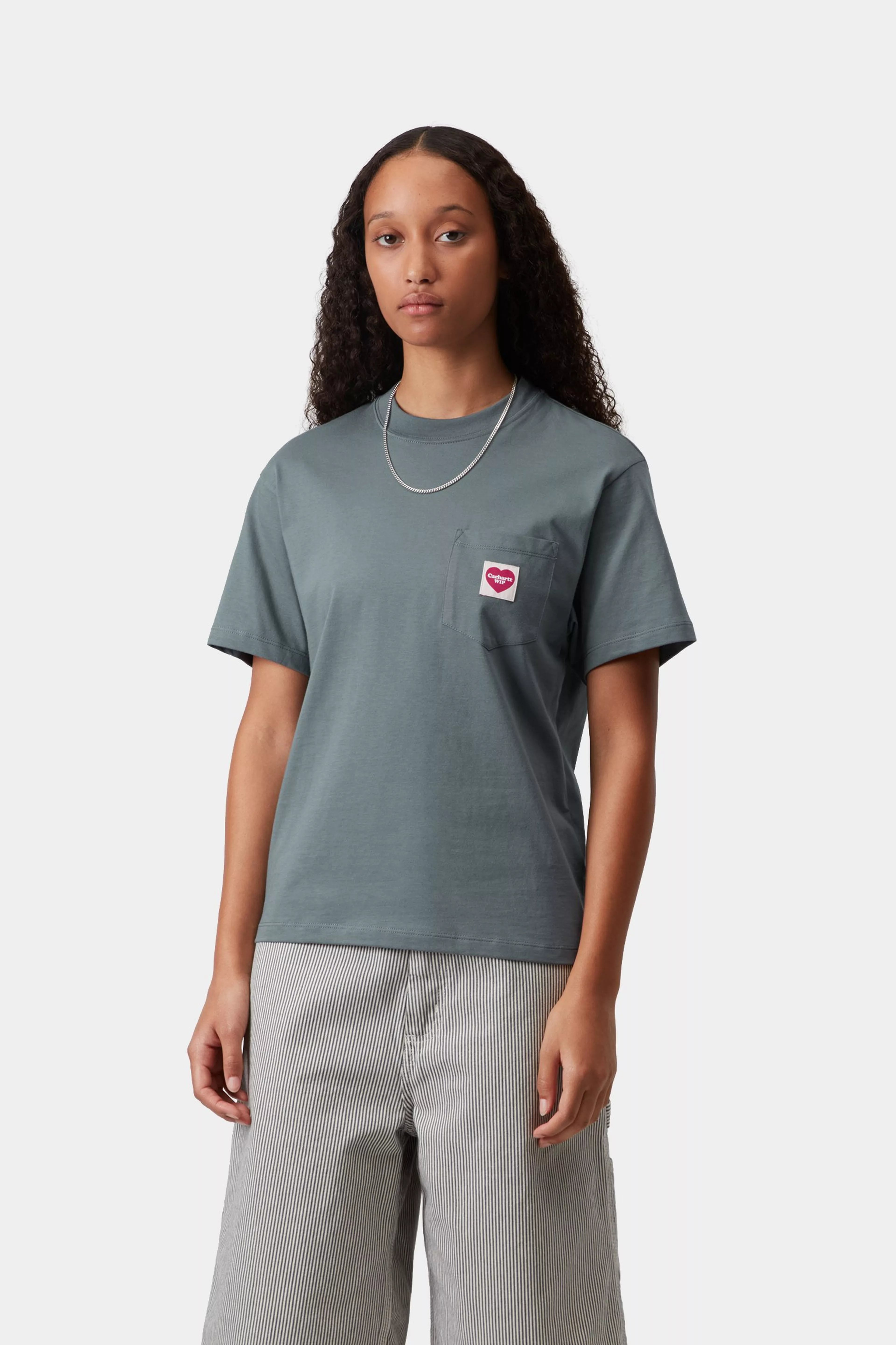 W' S/S Pocket Heart T-Shirt - Cozy Blue / Red