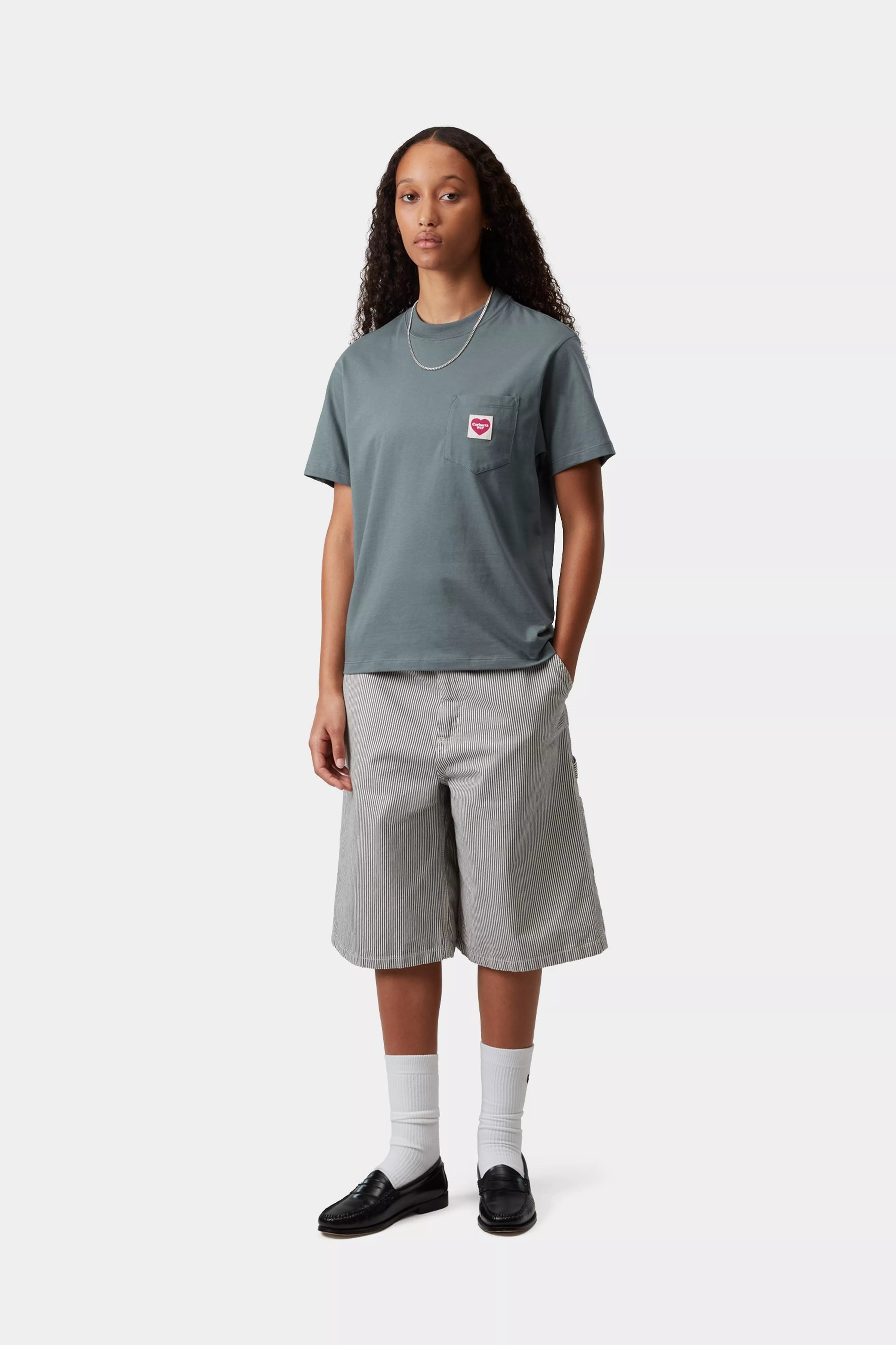 W' S/S Pocket Heart T-Shirt - Cozy Blue / Red 4
