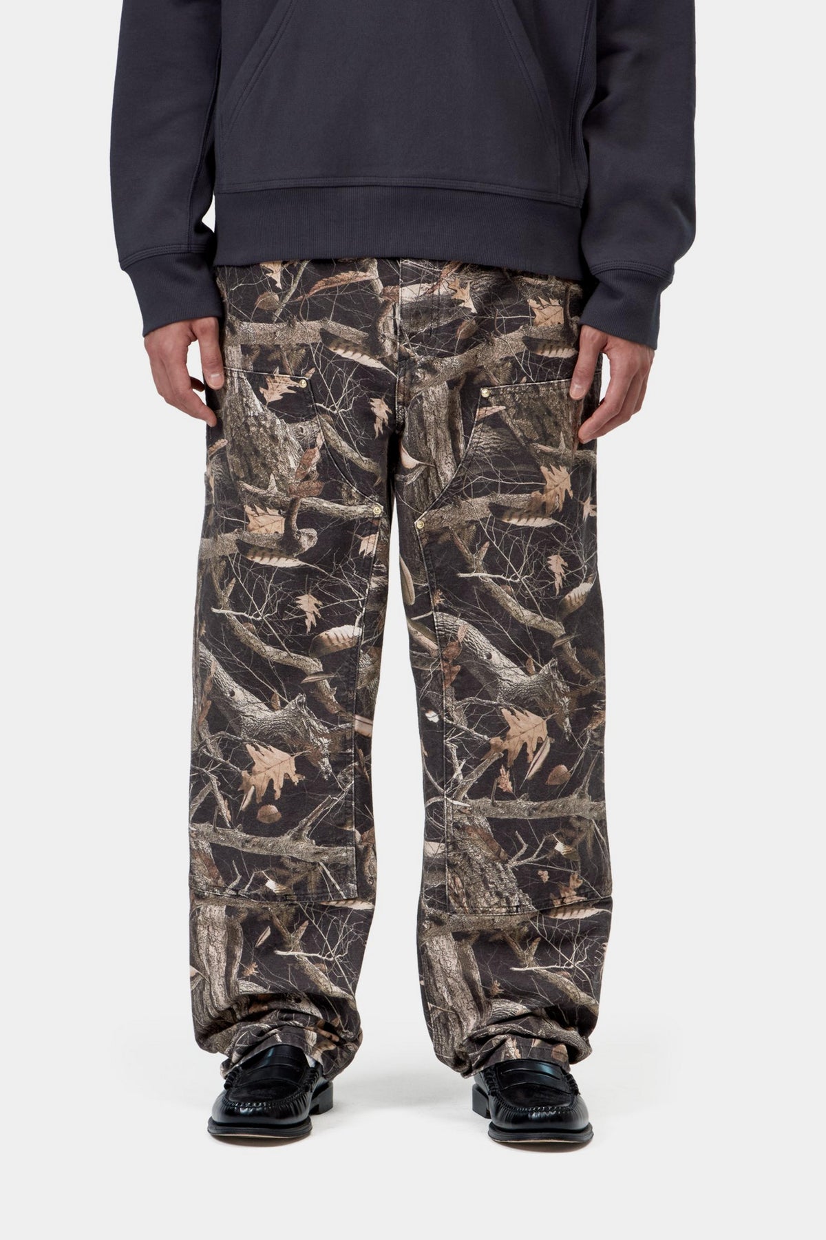 Double Knee Pant - Camo Feather Tree, Black heavy stone wash