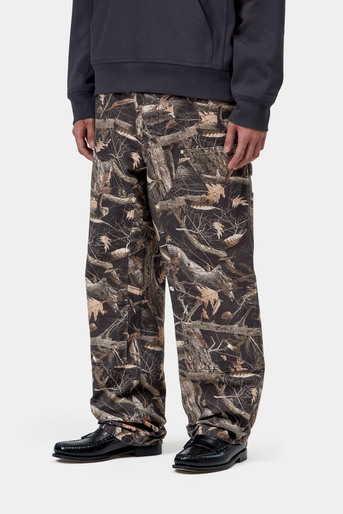 Double Knee Pant - Camo Feather Tree, Black heavy stone wash