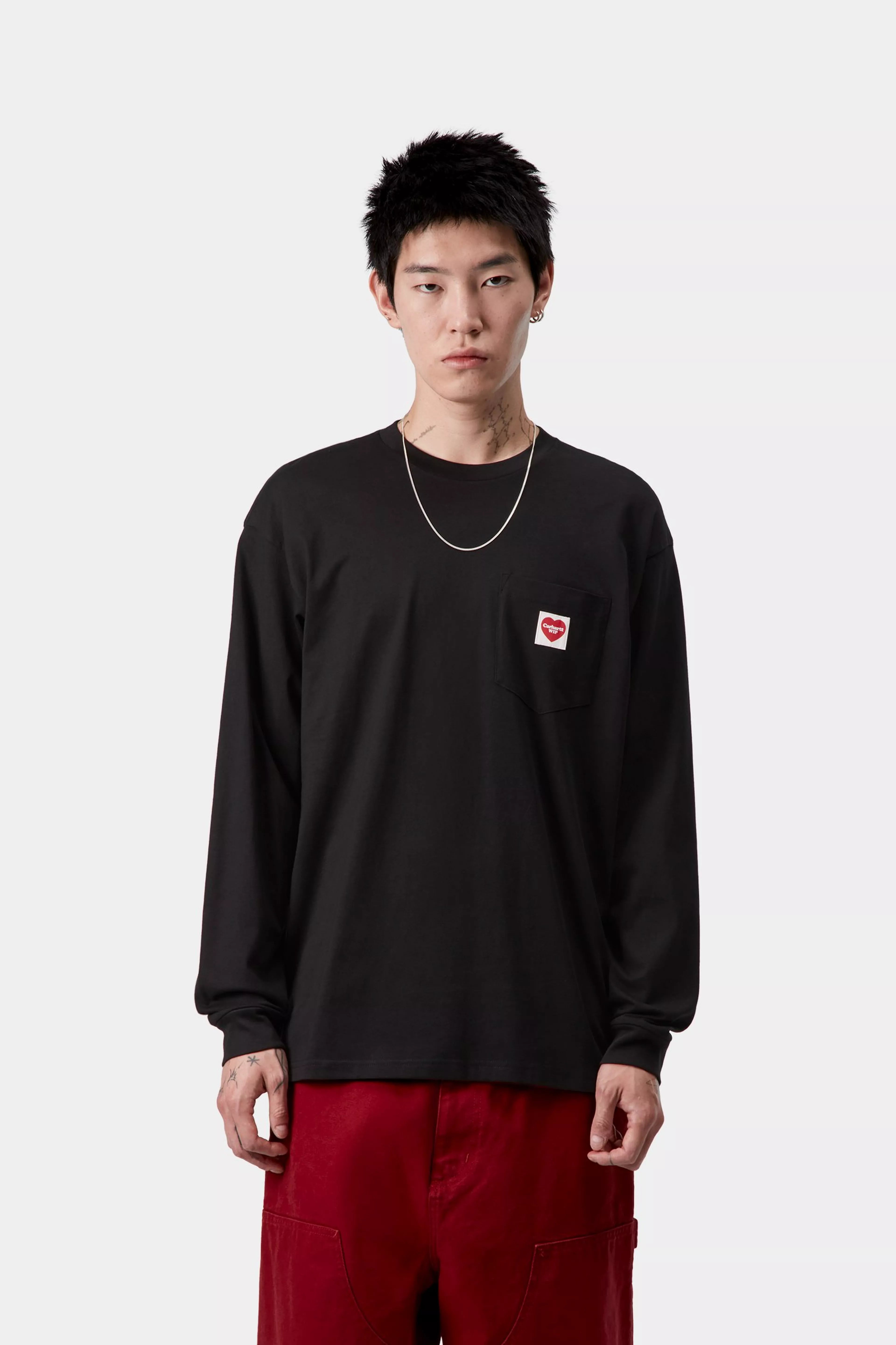 L/S POCKET HEART T-SHIRT - Black / Red