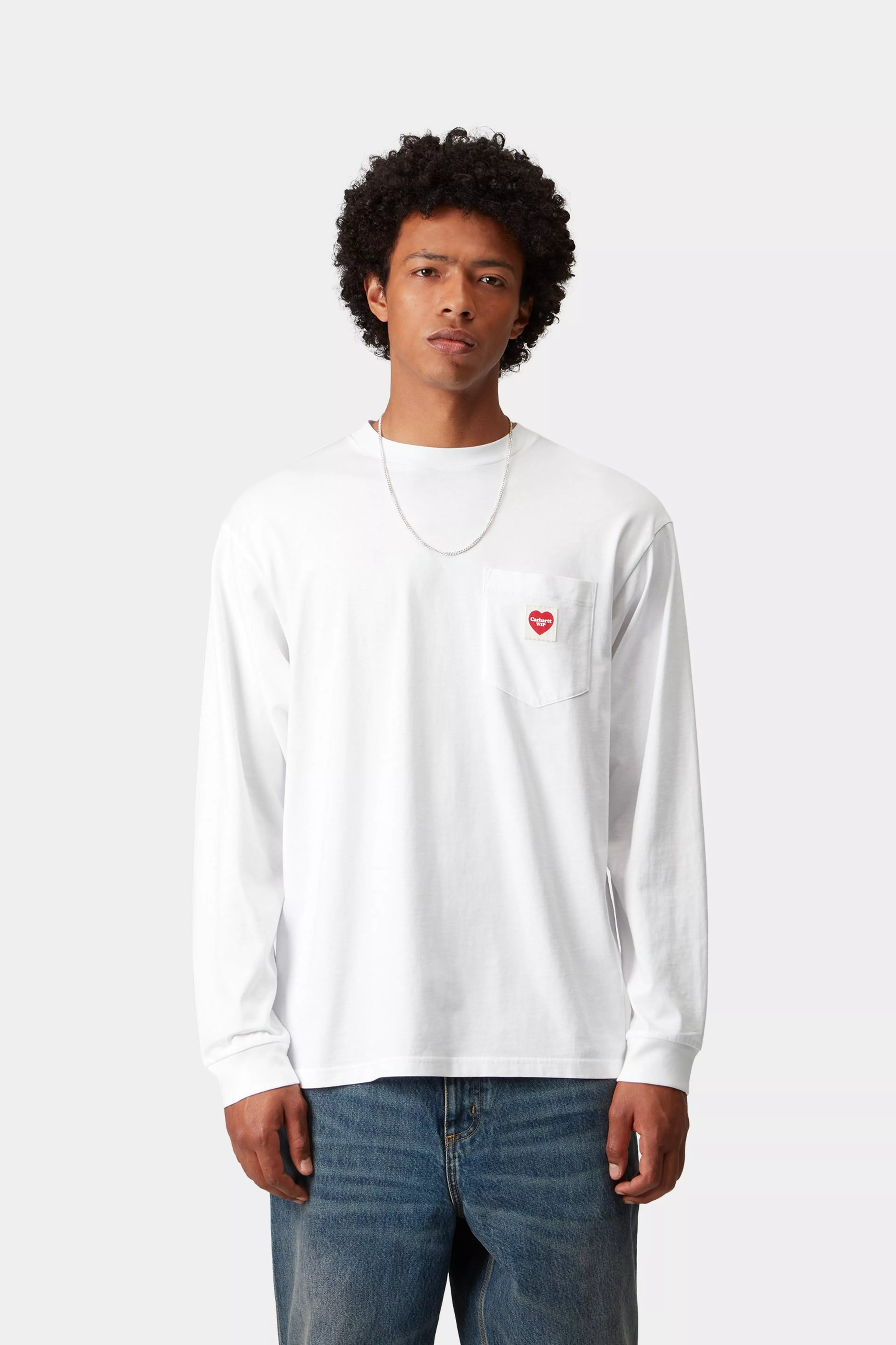 L/S POCKET HEART T-SHIRT - White / Red