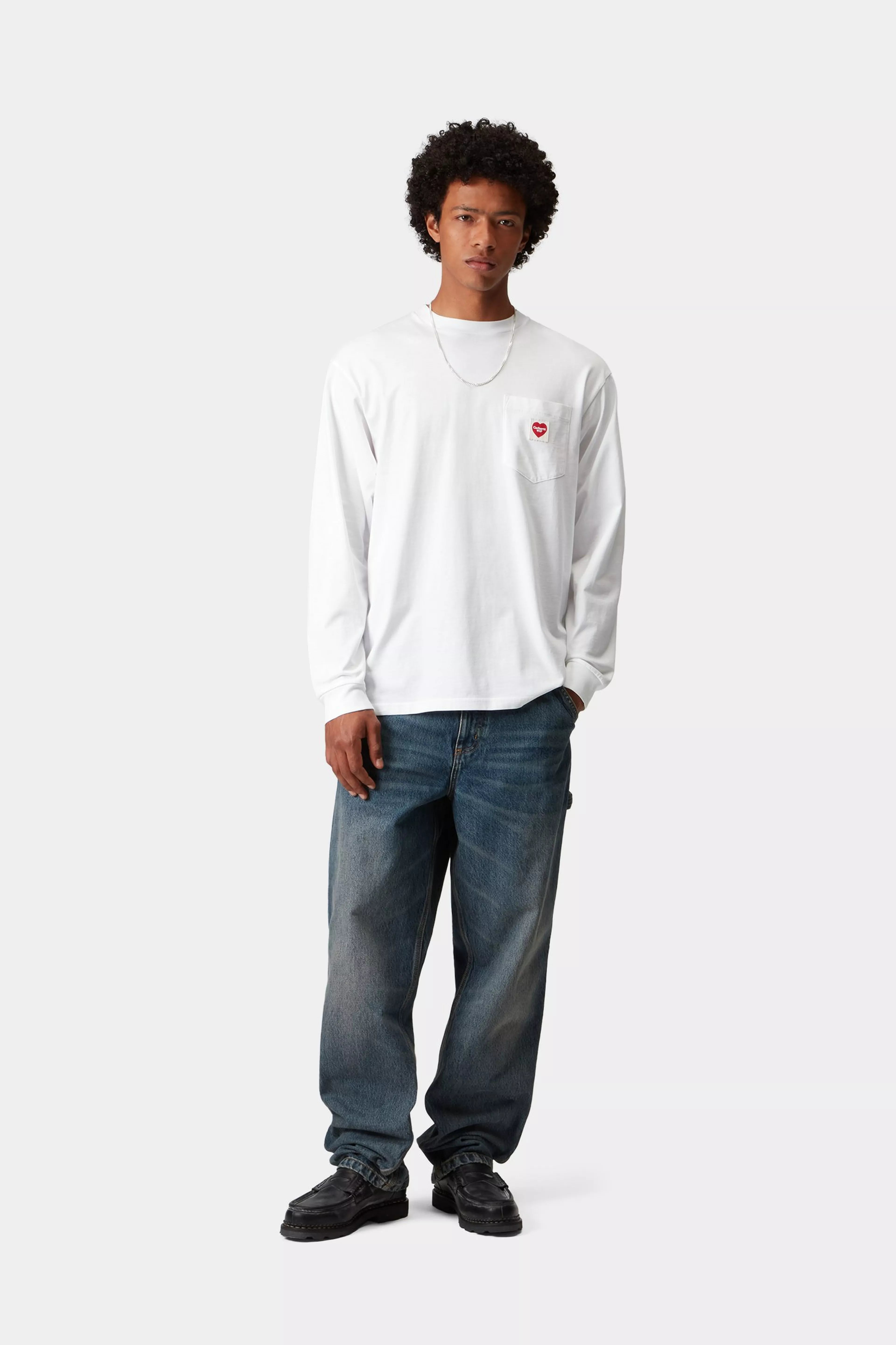 L/S POCKET HEART T-SHIRT - White / Red