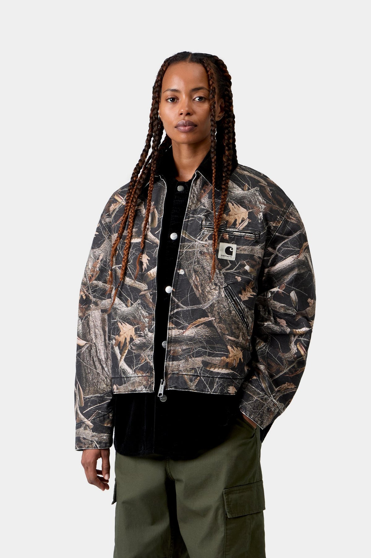 W' OG Detroit Jacket - Camo Feather Tree, Black / Black heavy stone wash