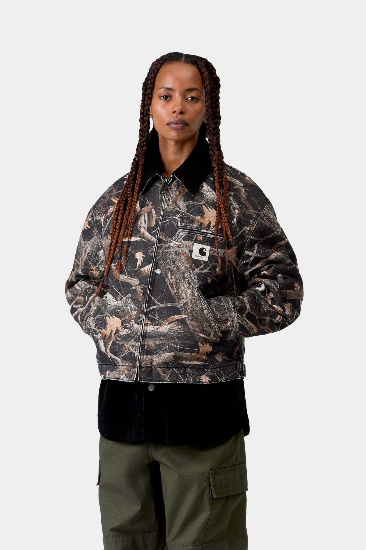 W' OG Detroit Jacket - Camo Feather Tree, Black / Black heavy stone wash
