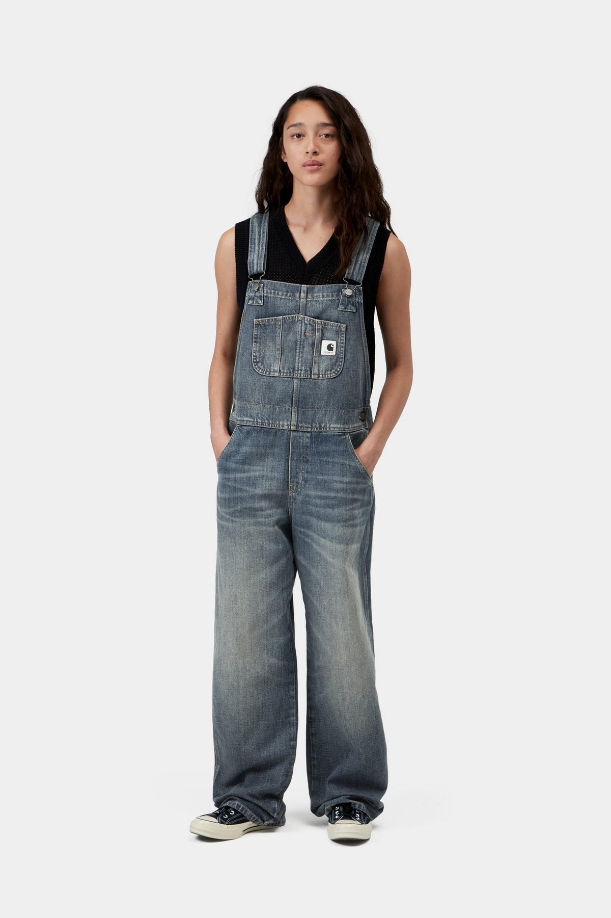 W' Bib Overall Straight - Blue worn used wash