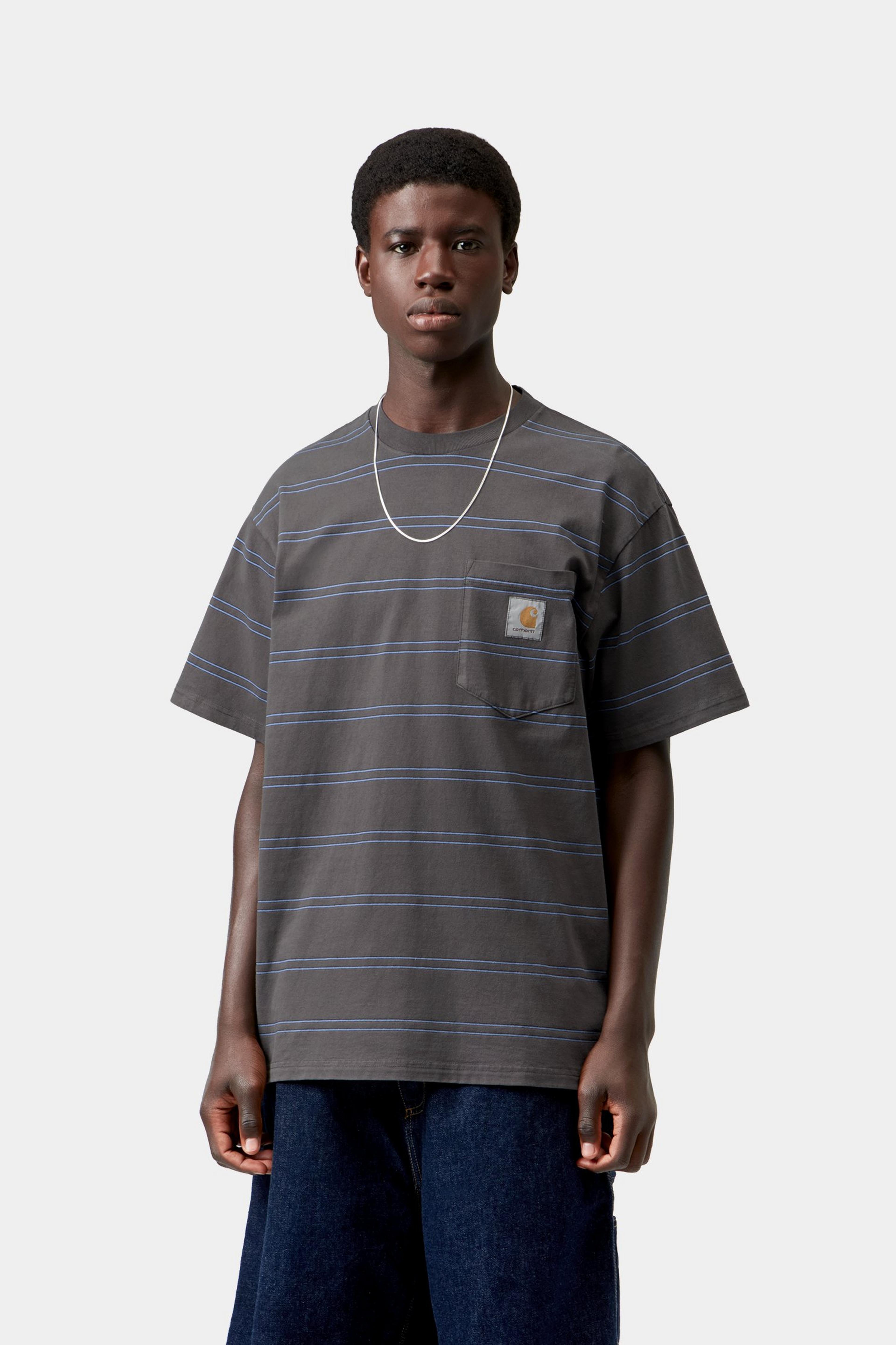 S/S Bert Pocket T-Shirt - Bert Stripe, Graphite / Curacao, Garment dyed