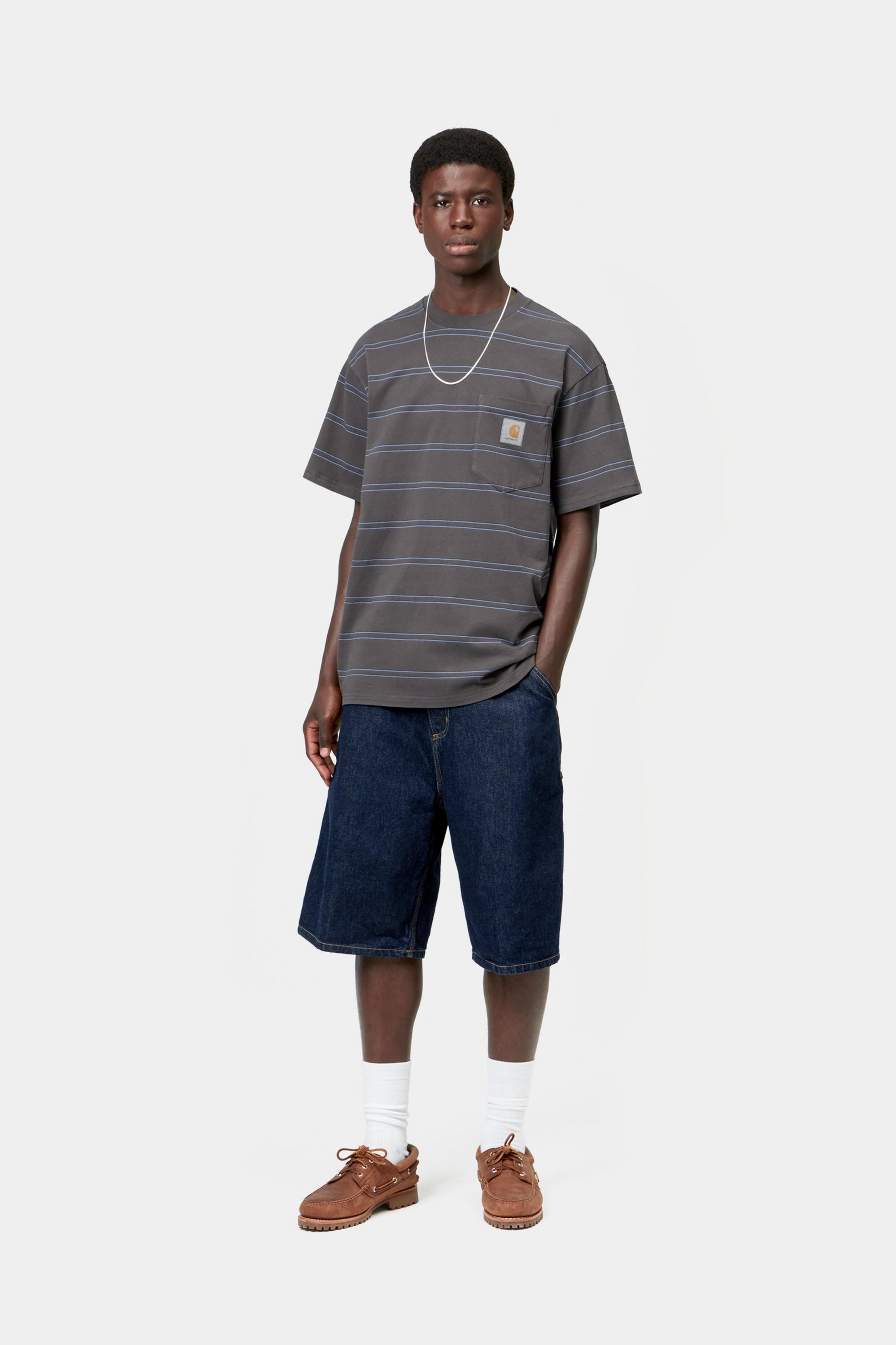 S/S Bert Pocket T-Shirt - Bert Stripe, Graphite / Curacao, Garment dyed