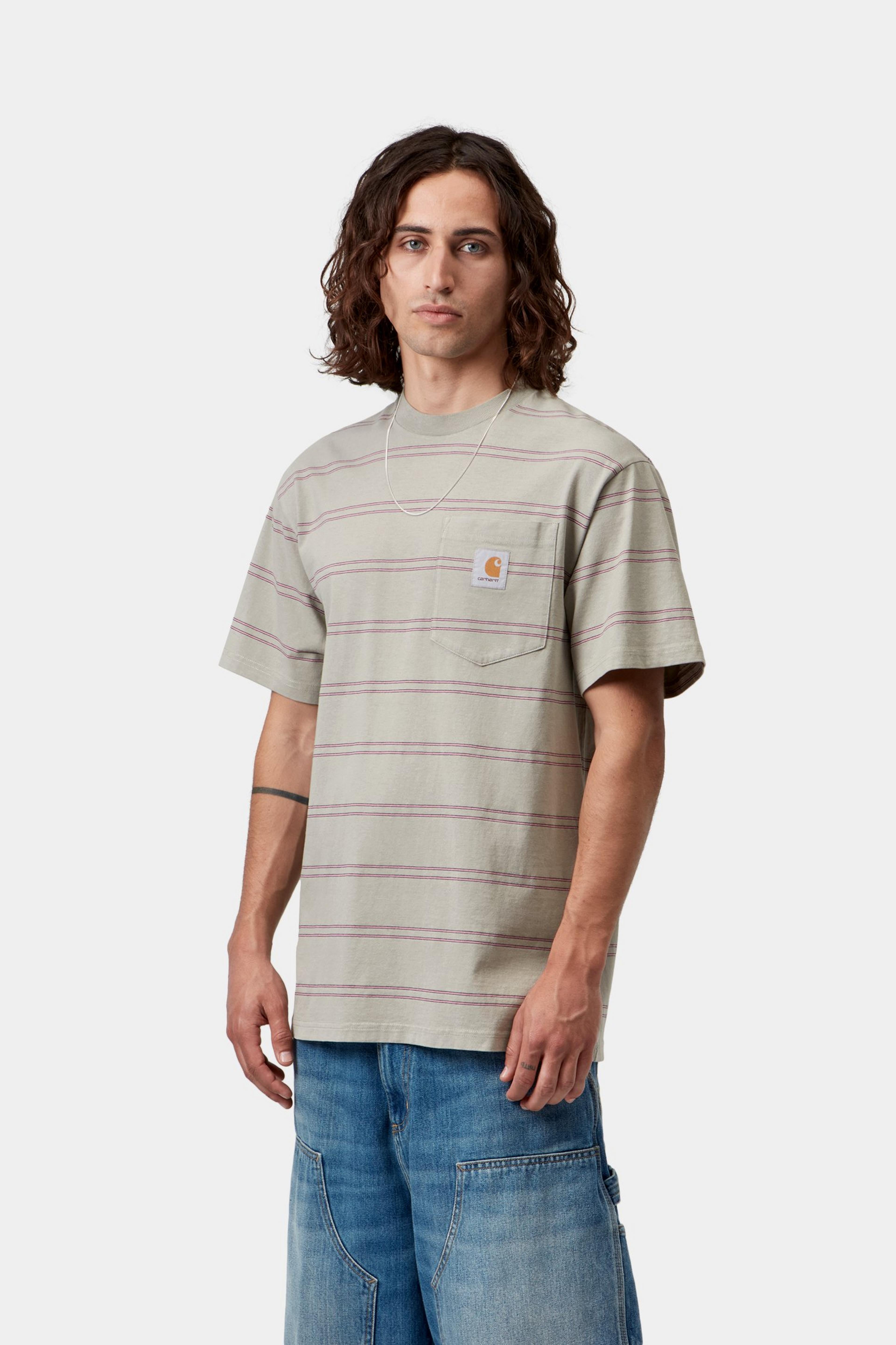 S/S Bert Pocket T-Shirt - Bert Stripe, Shady Green / Havana, Garment dyed