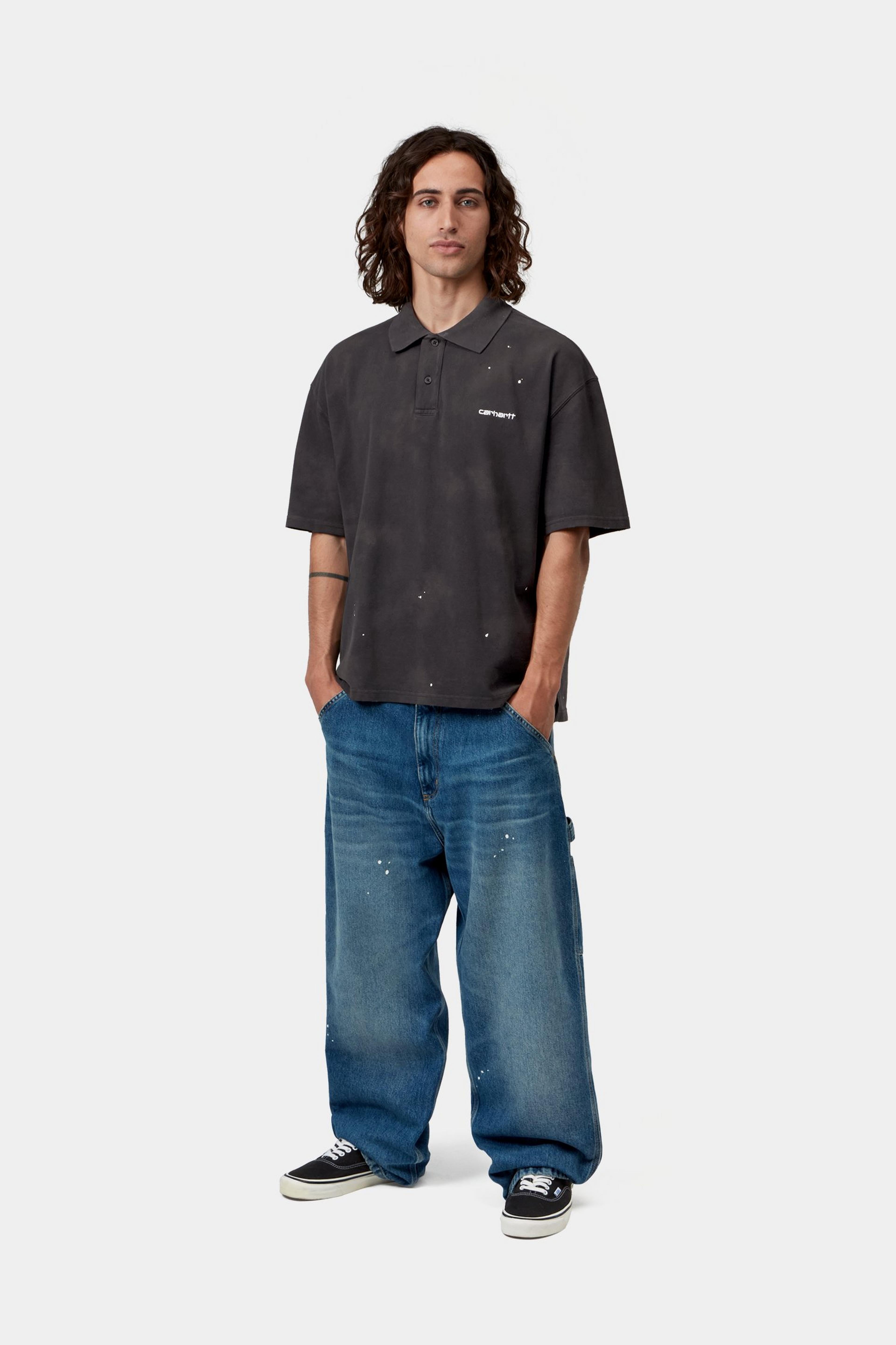 S/S Painter Polo - Black, Destroy wash, splatter