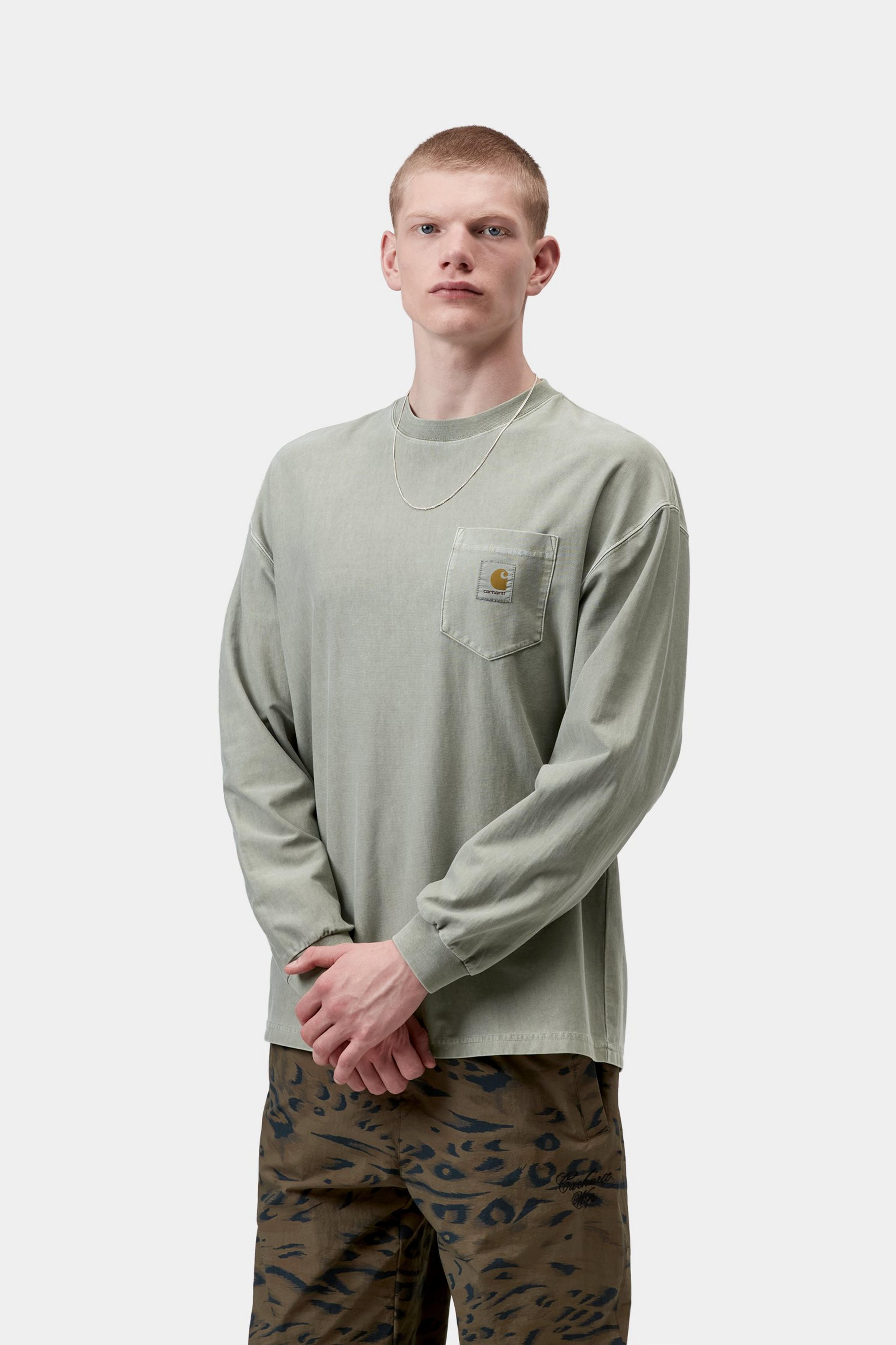 L/S Loose Pocket T-Shirt - Shady Green, Garment dyed