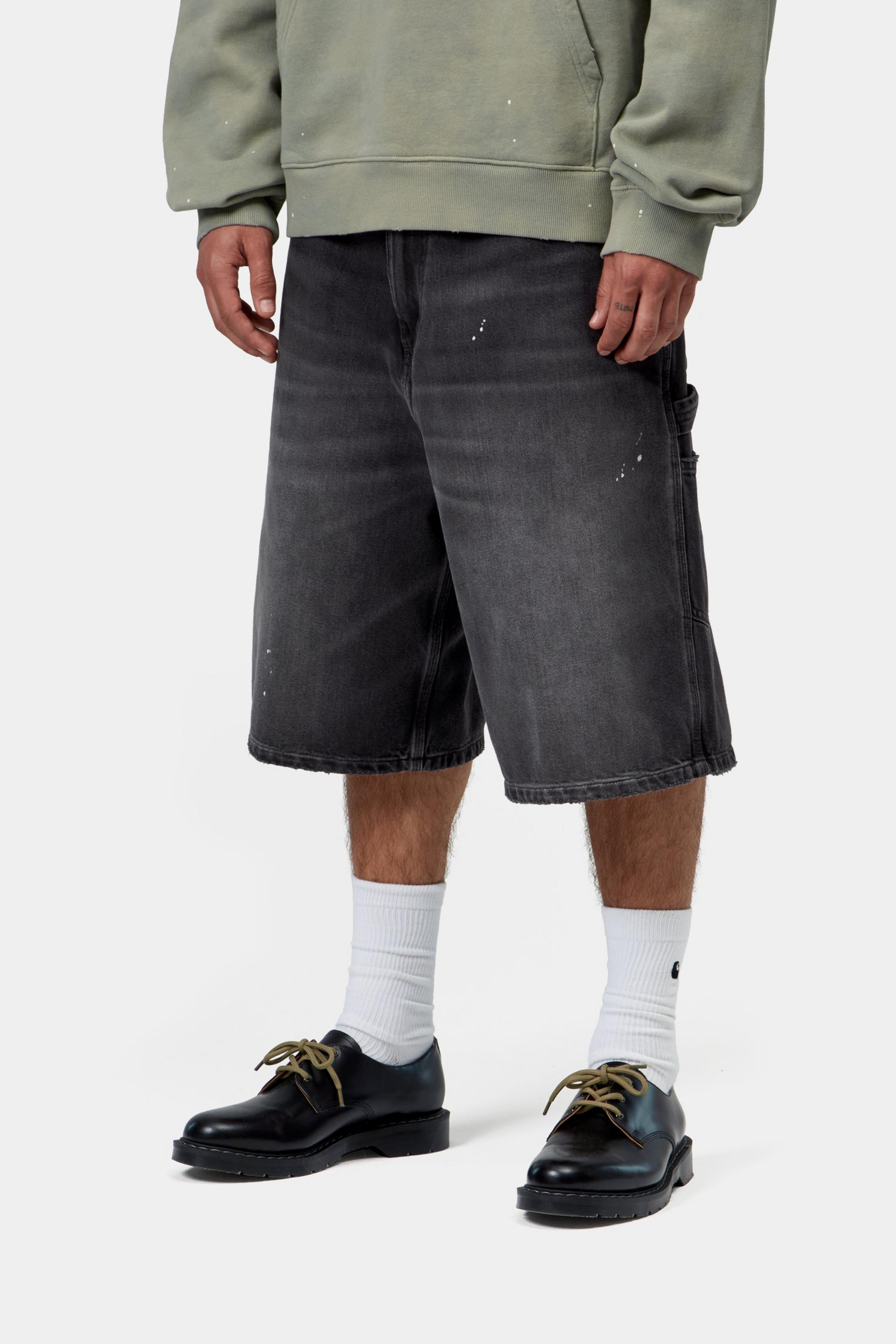 OG Single Knee Short - Black, Destroy wash, splatter