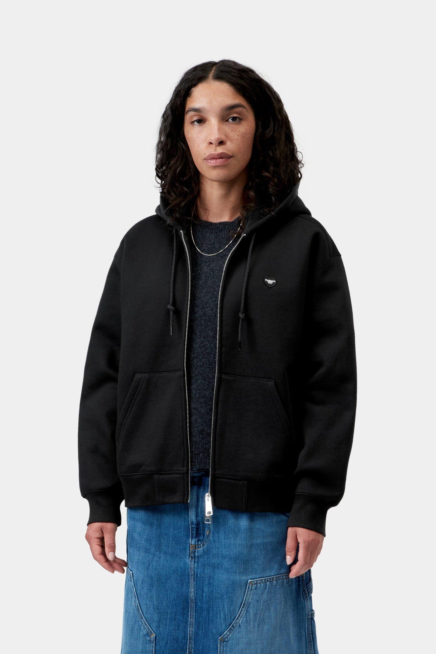 W' Hooded Small Heart Patch Jacket - Black / Black 2