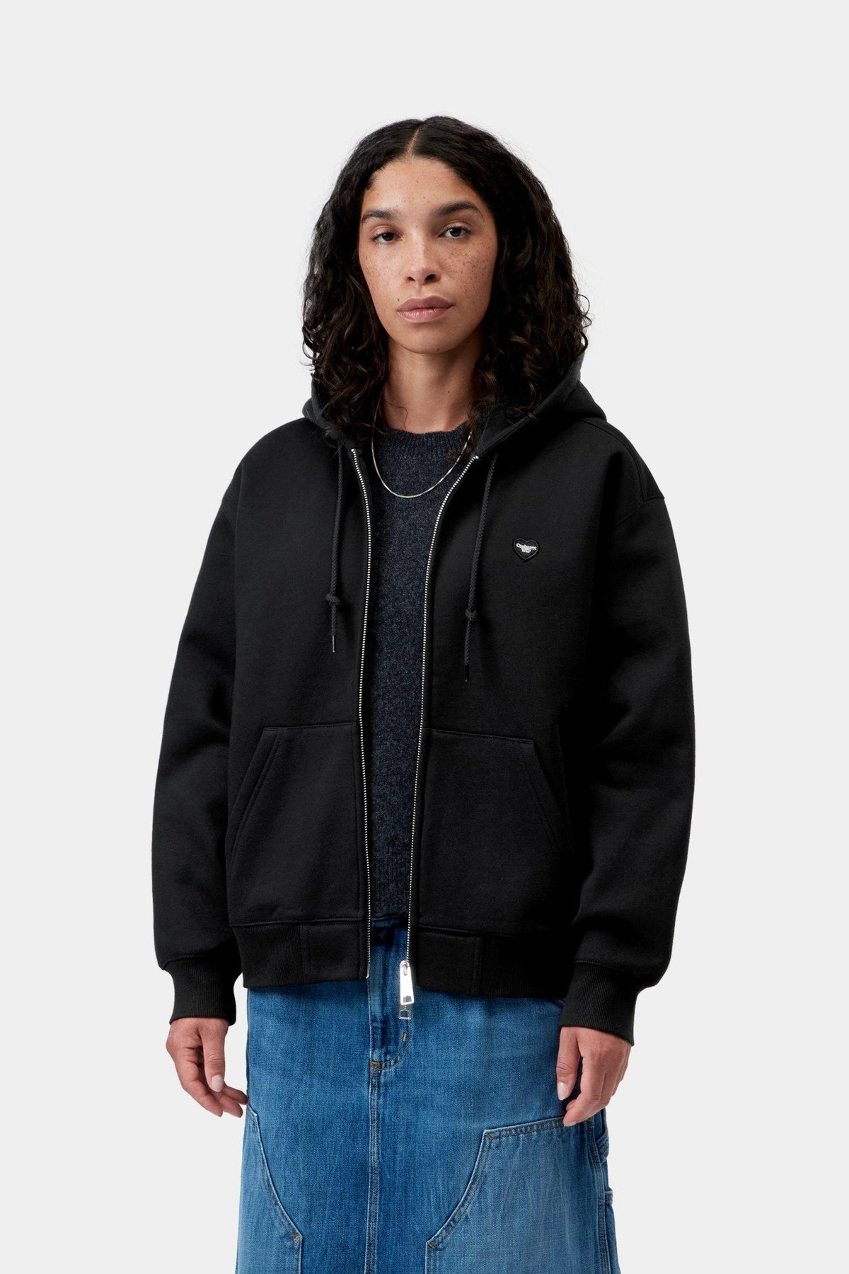 W' Hooded Small Heart Patch Jacket - Black / Black