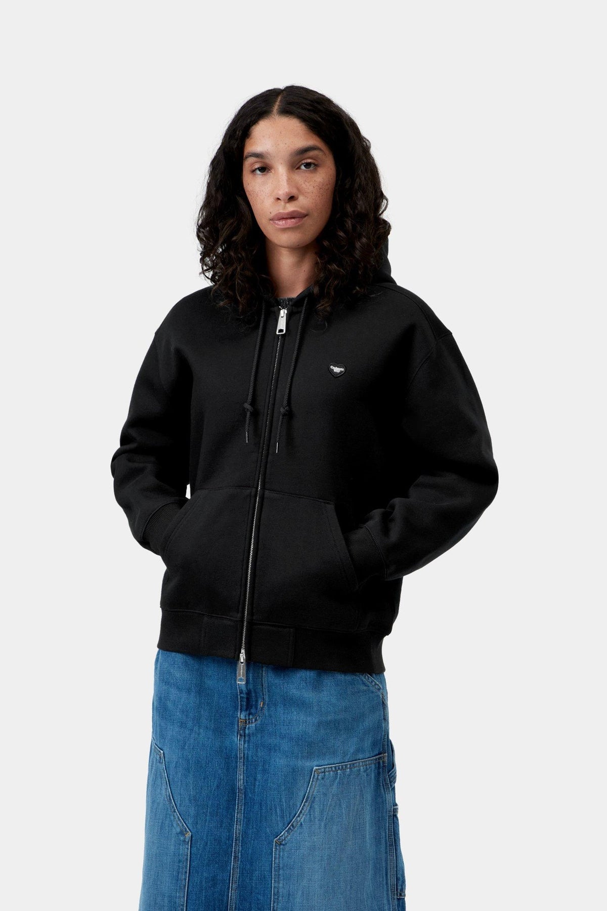 W' Hooded Small Heart Patch Jacket - Black / Black