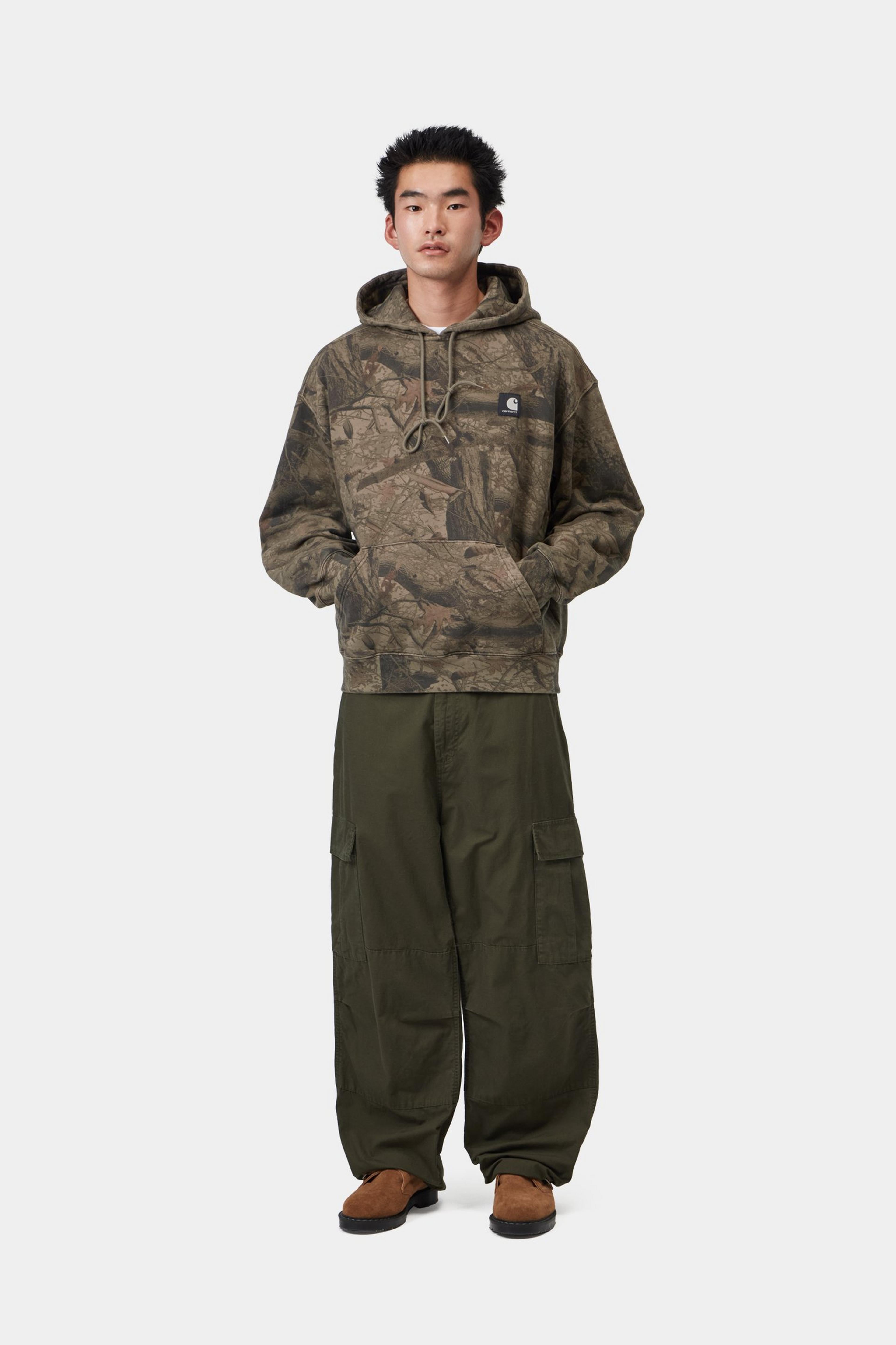 Hooded Feather Tree Sweat - Camo Feather Tree, Khaki / Shungite, Garment dyed 4