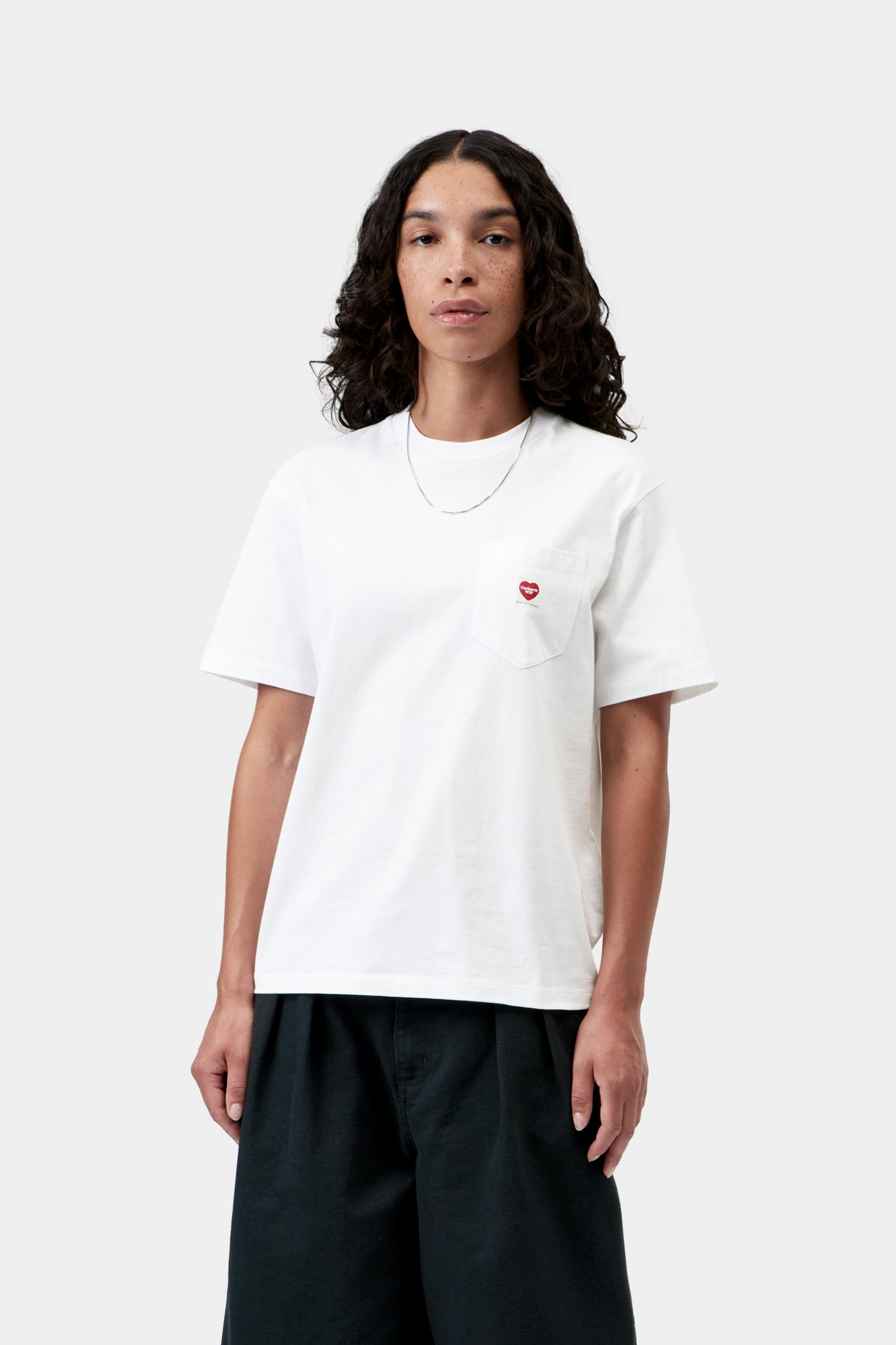 W' S/S Pocket Small Heart T-Shirt - White / Red