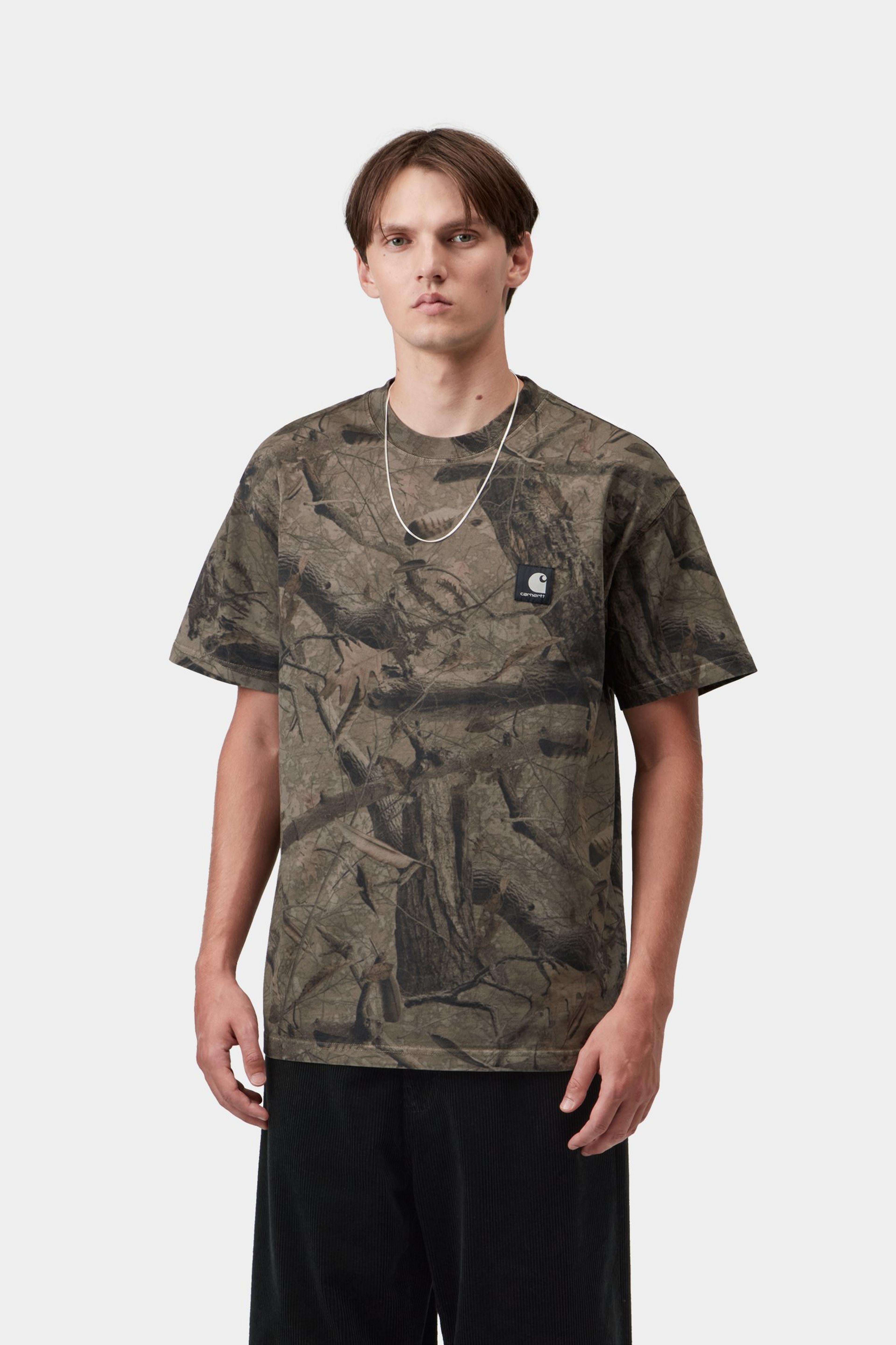 S/S Feather Tree T-Shirt - Camo Feather Tree, Khaki / Shungite, Garment dyed 2
