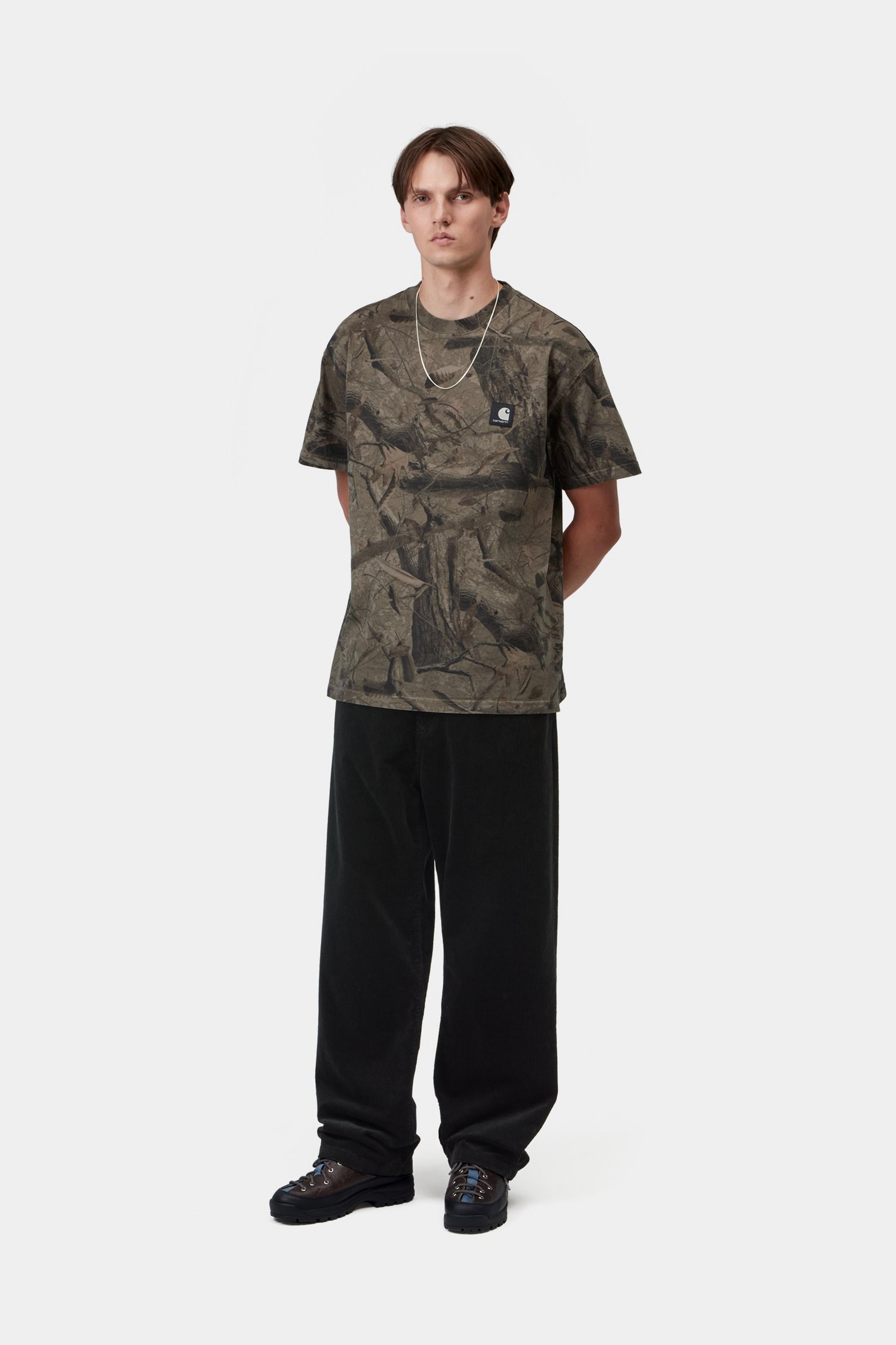 S/S Feather Tree T-Shirt - Camo Feather Tree, Khaki / Shungite, Garment dyed 4