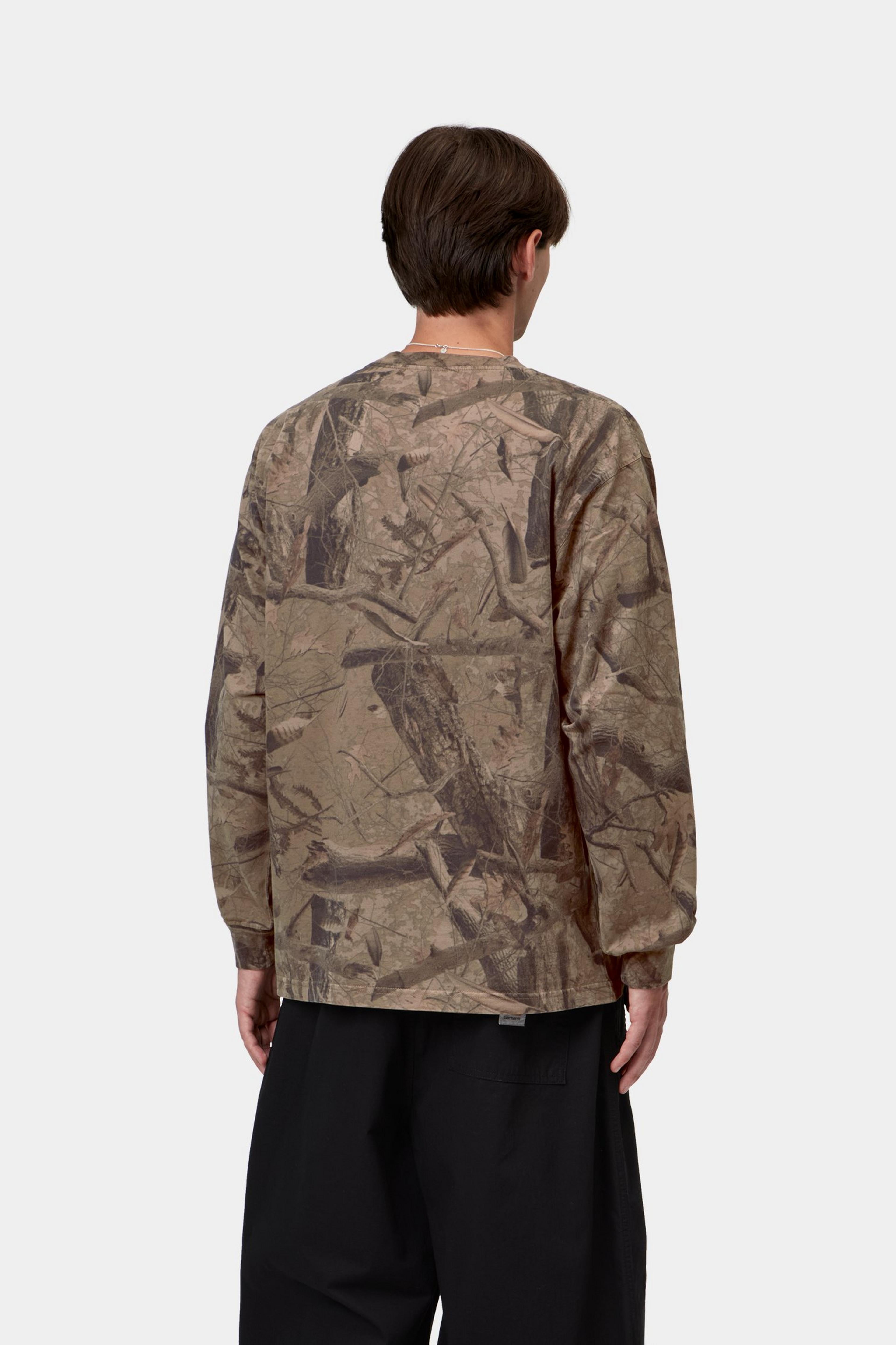 L/S Feather Tree T-Shirt - Camo Feather Tree, Khaki / Shungite, Garment dyed 3