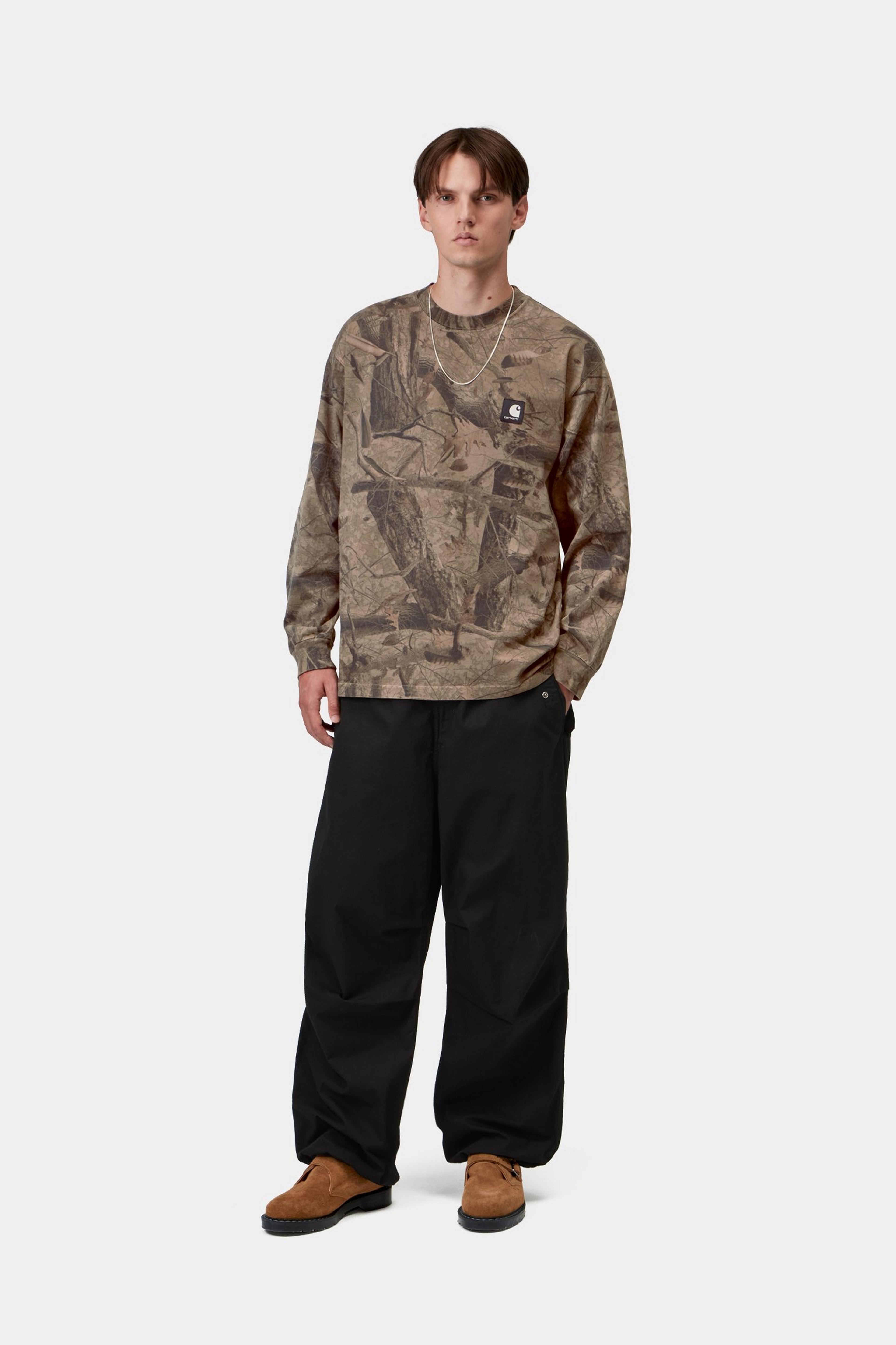 L/S Feather Tree T-Shirt - Camo Feather Tree, Khaki / Shungite, Garment dyed 4