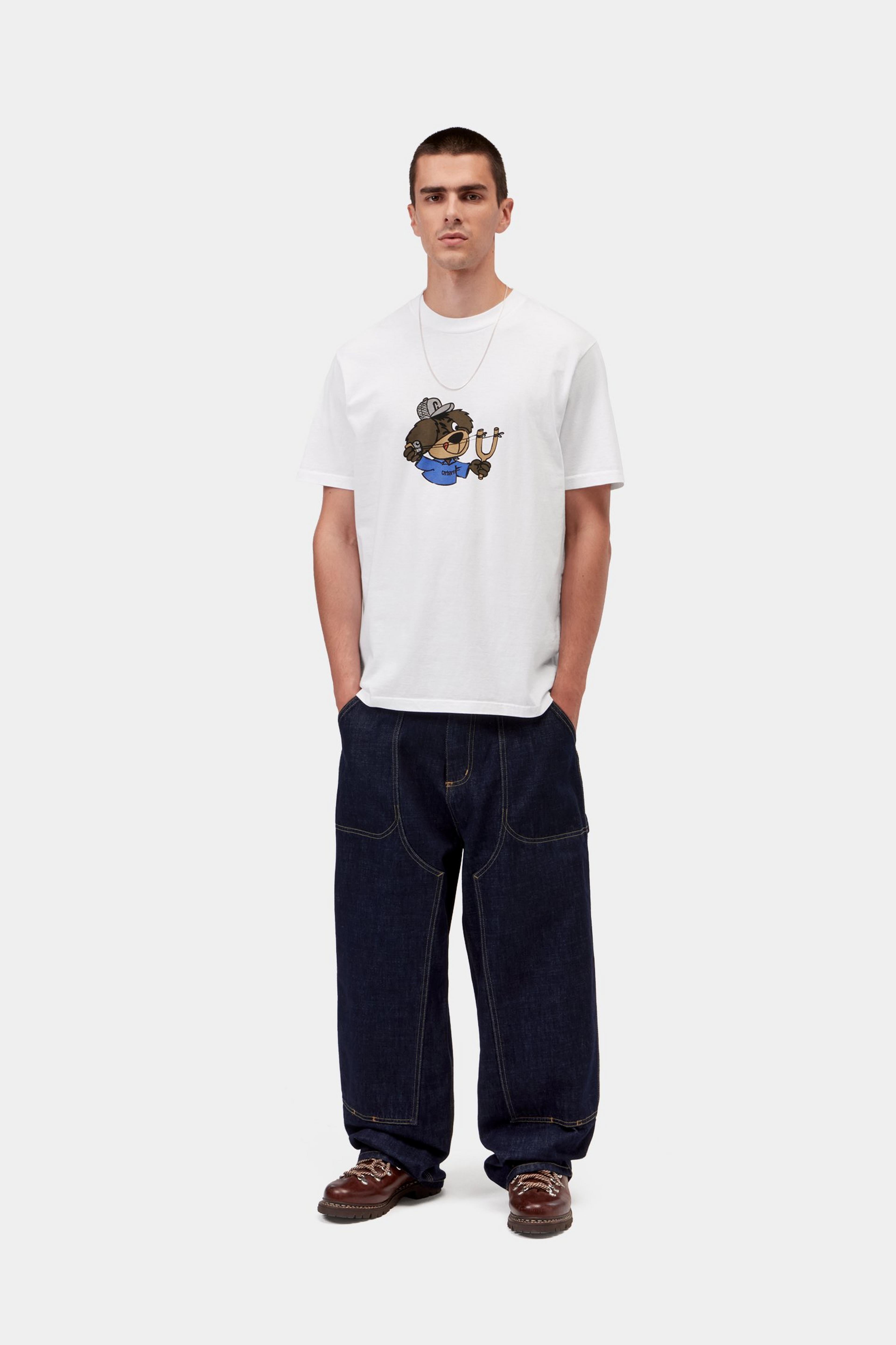S/S Slingshot T-Shirt - White, heavy enzyme wash