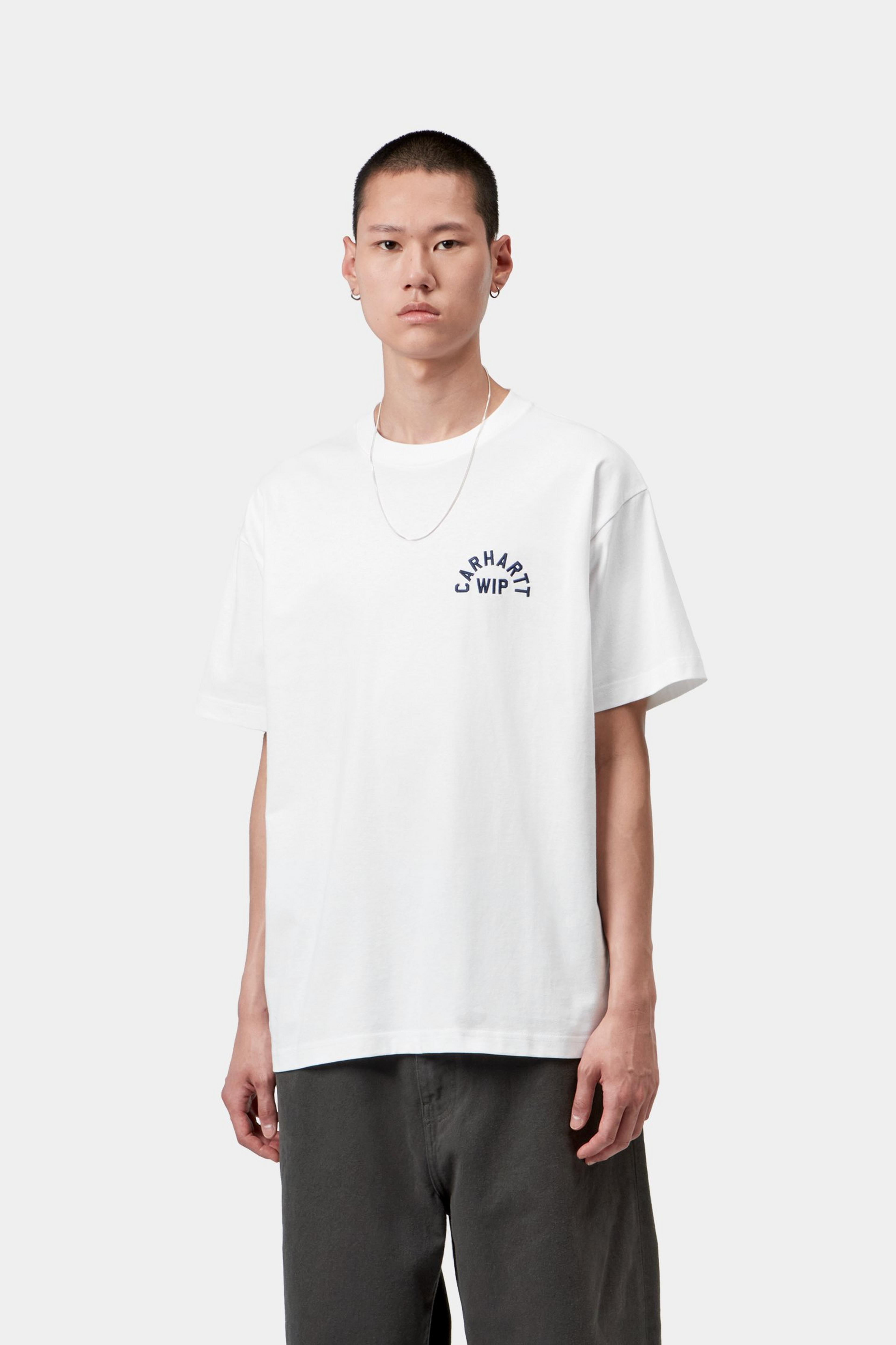 S/S Arch Script T-Shirt - White / Dark Navy
