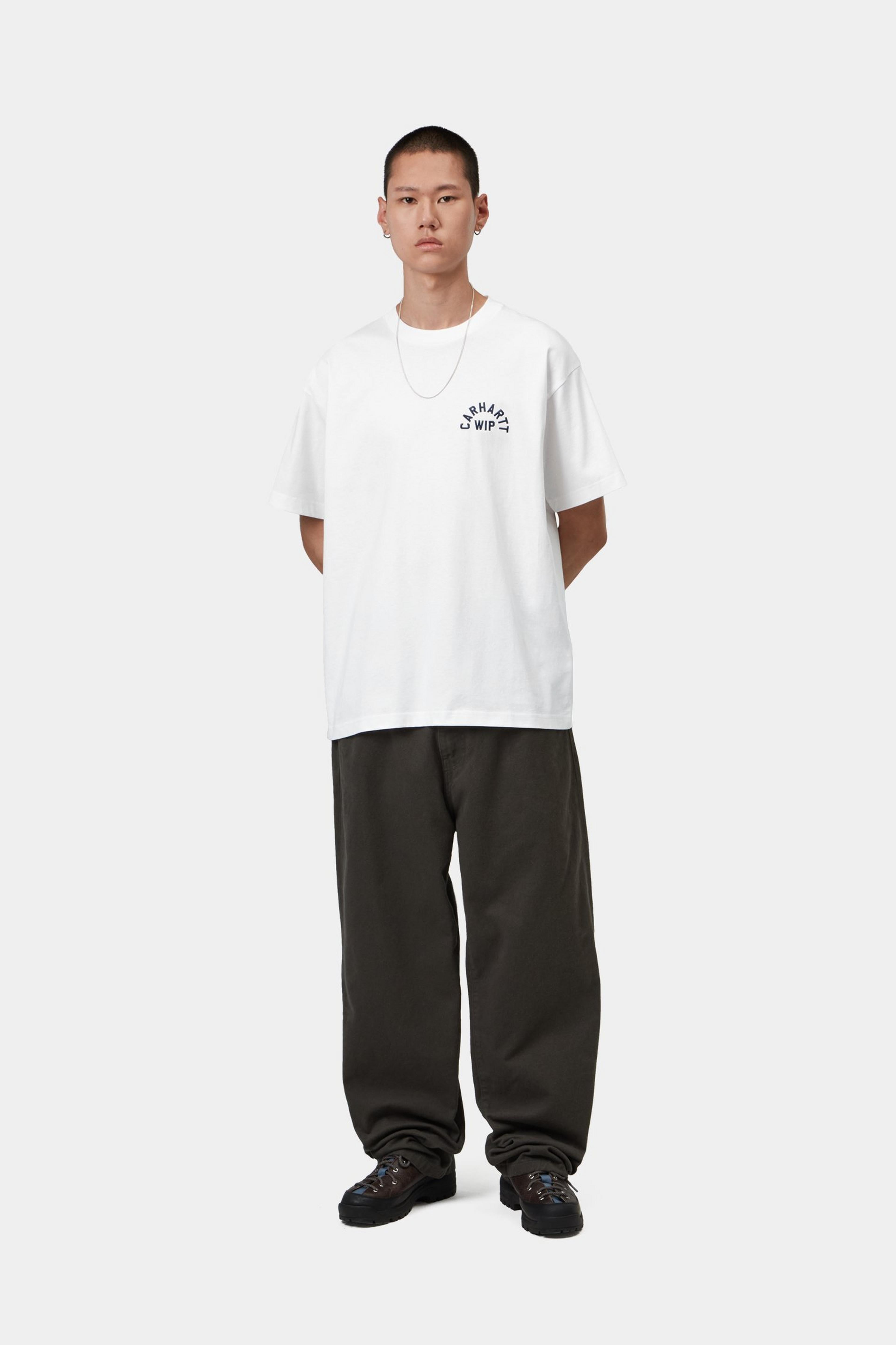 S/S Arch Script T-Shirt - White / Dark Navy