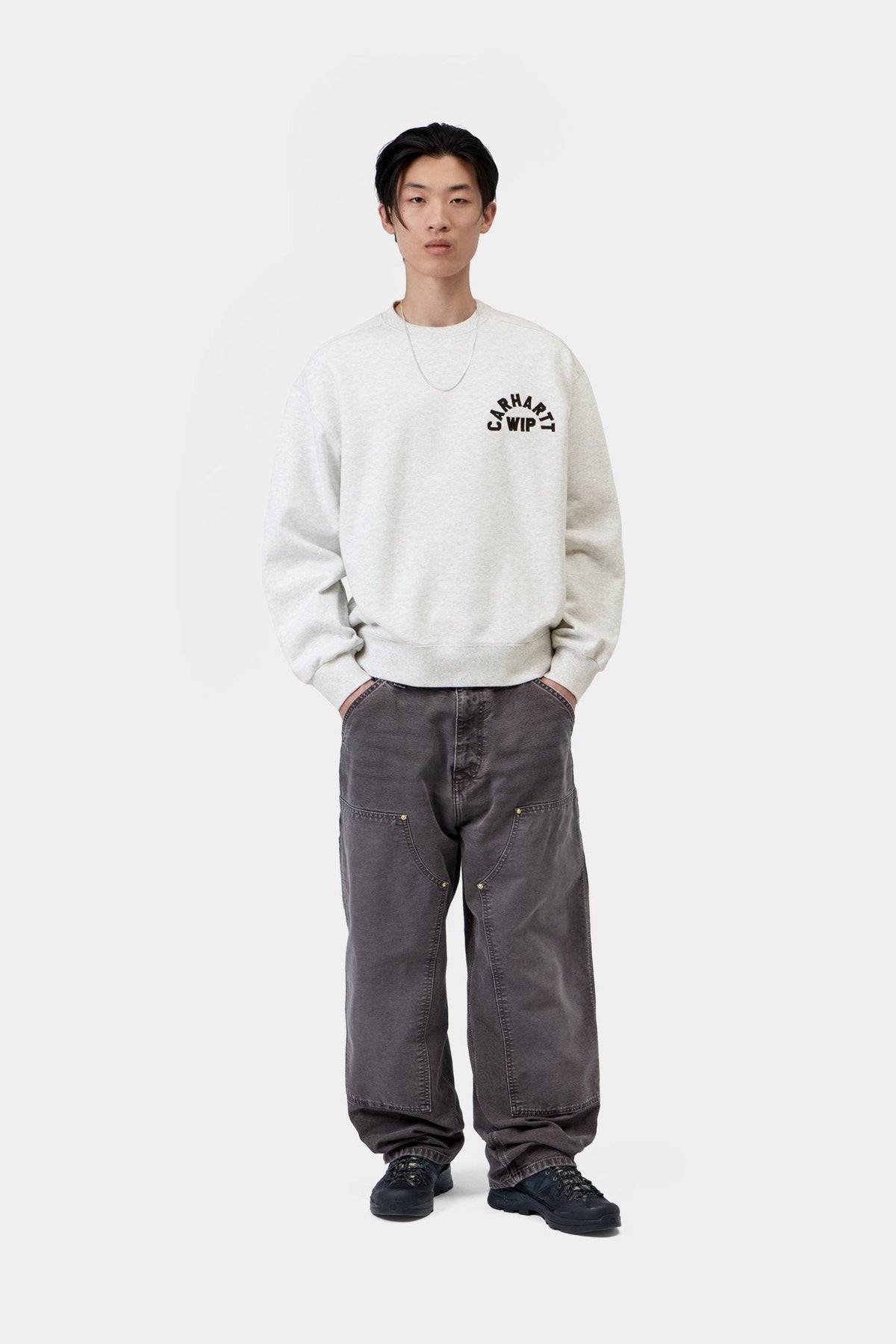 Arch Script Sweatshirt - Ash Heather / Dark Navy stone washed
