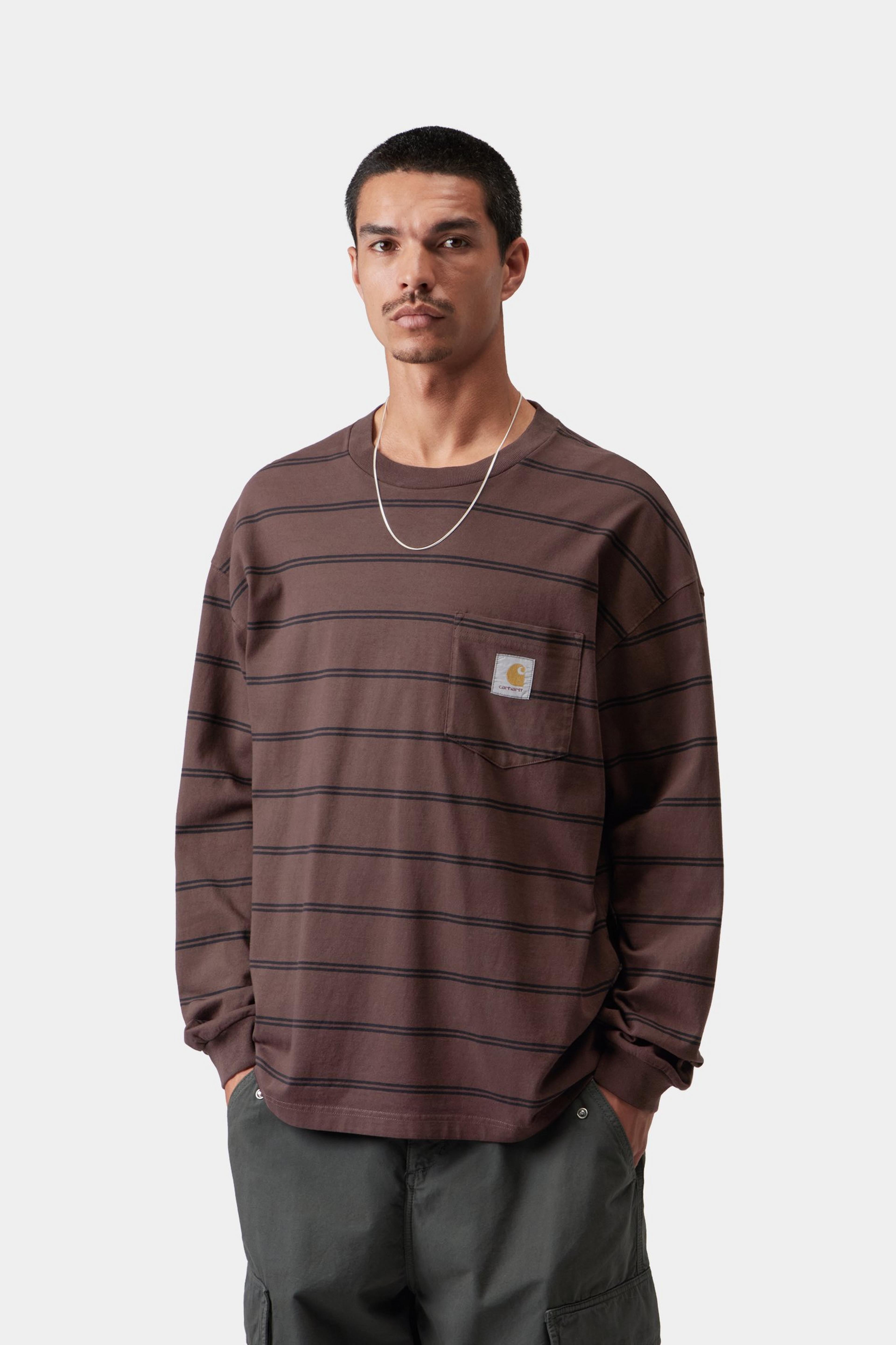 L/S Cardona Pocket T-Shirt - Cardona Stripe, Natural / Palisander, Garment dyed 2