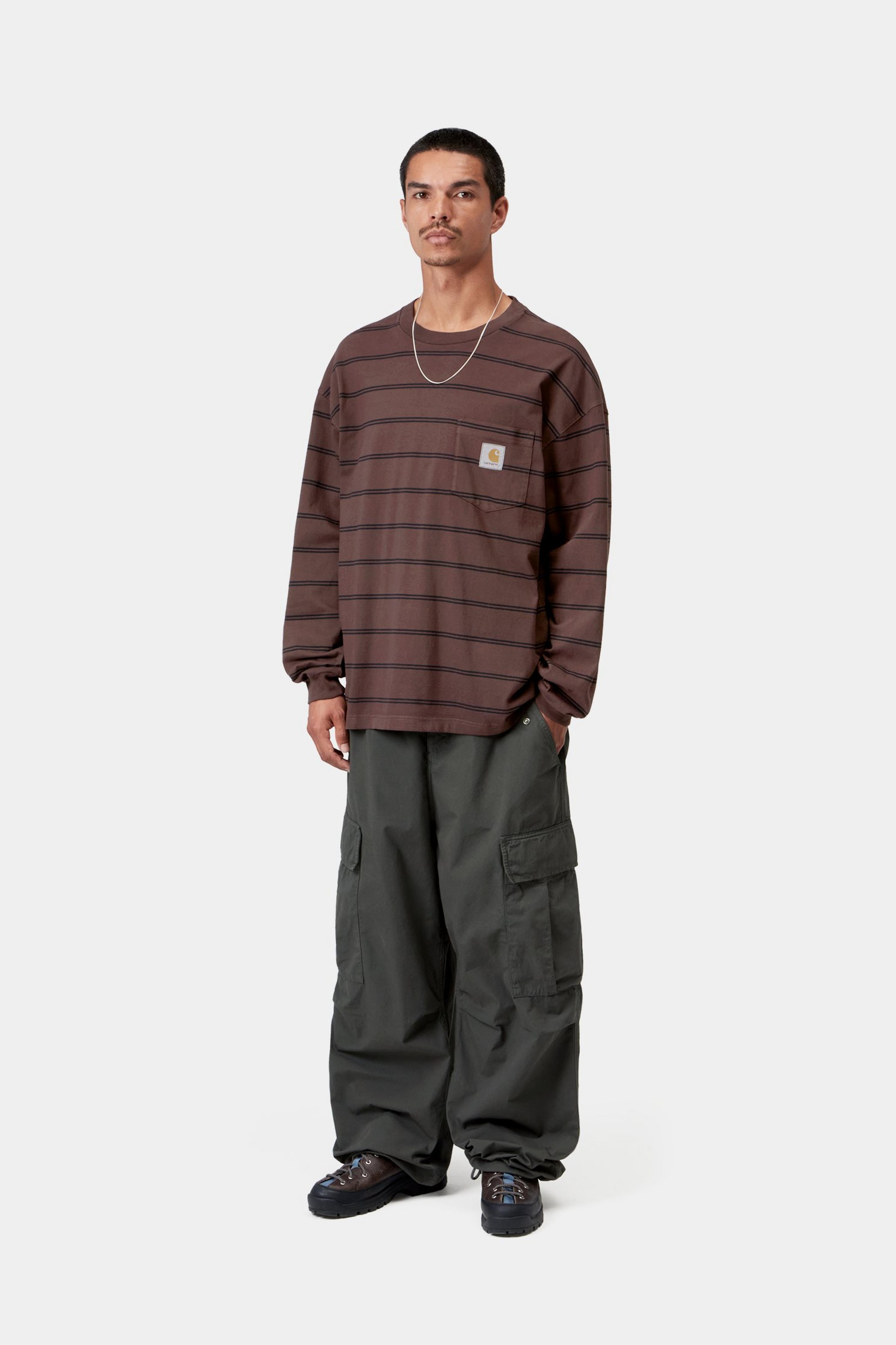 L/S Cardona Pocket T-Shirt - Cardona Stripe, Natural / Palisander, Garment dyed 4