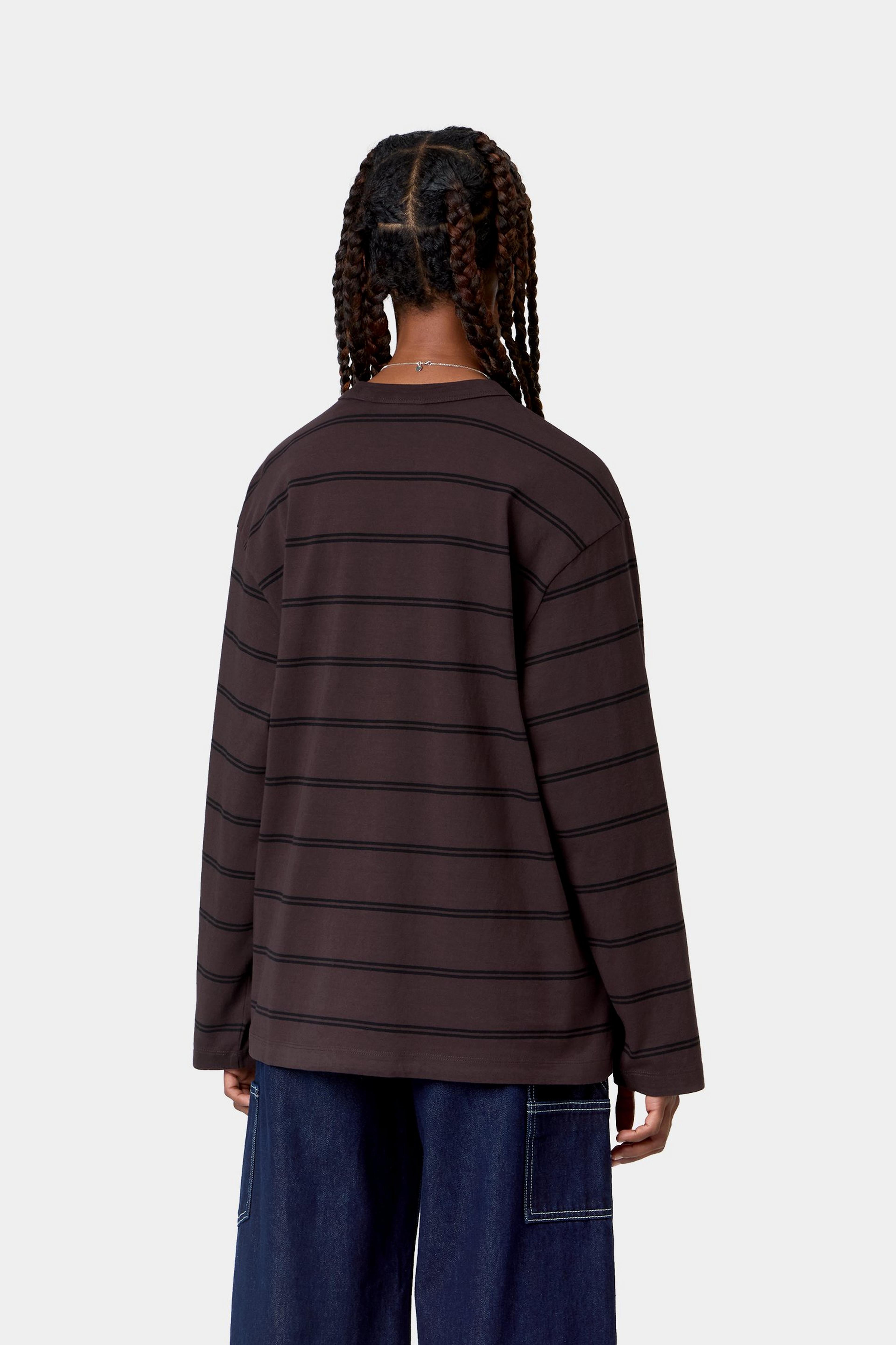 W’ L/S Cardona Pocket T-Shirt - Cardona Stripe, Natural / Palisander, Garment dyed 3